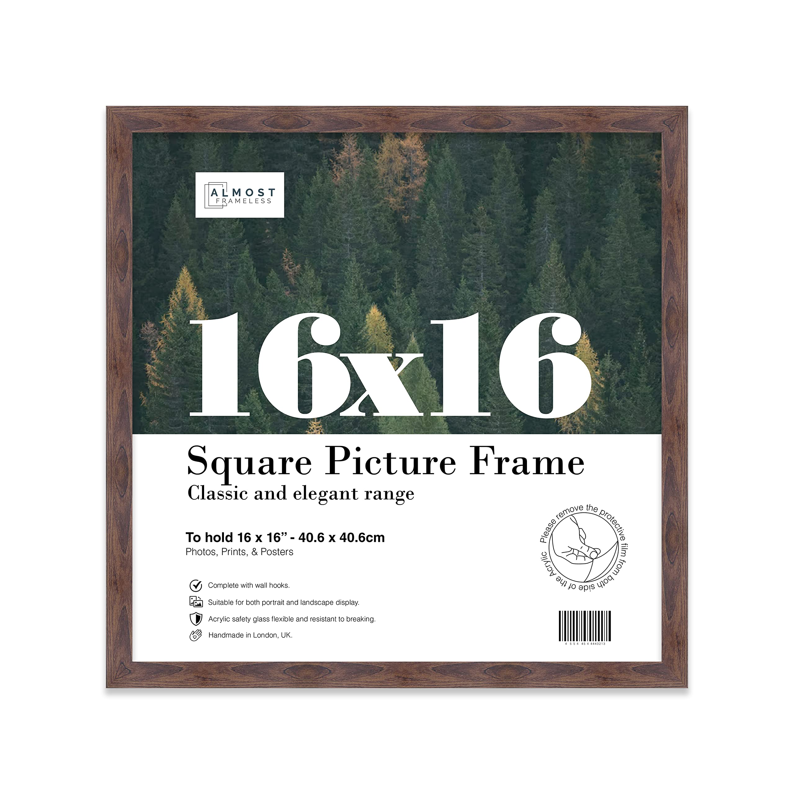Almost Frameless 16x16 Walnut Picture Frame 16"x16"(40.6x40.6cm) Poster, Photo, Artwork, or Print. Thin Edge Slim Frame Portrait and Landscape Display with Wall Hooks
