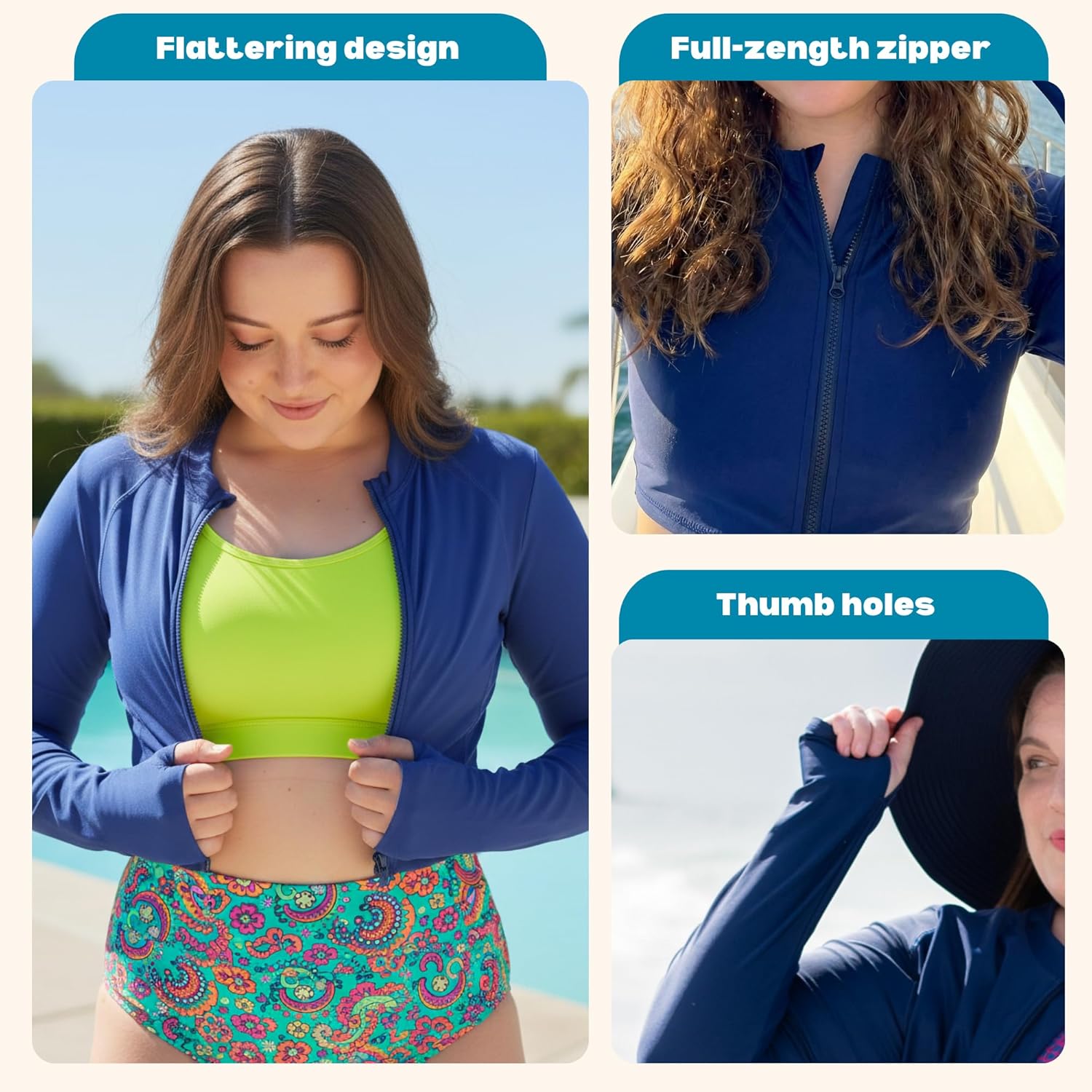 SwimZip Women's Long Sleeve Crop Top Rash Guard Swim Shirt - UPF 50+ with Zipper - Image 5