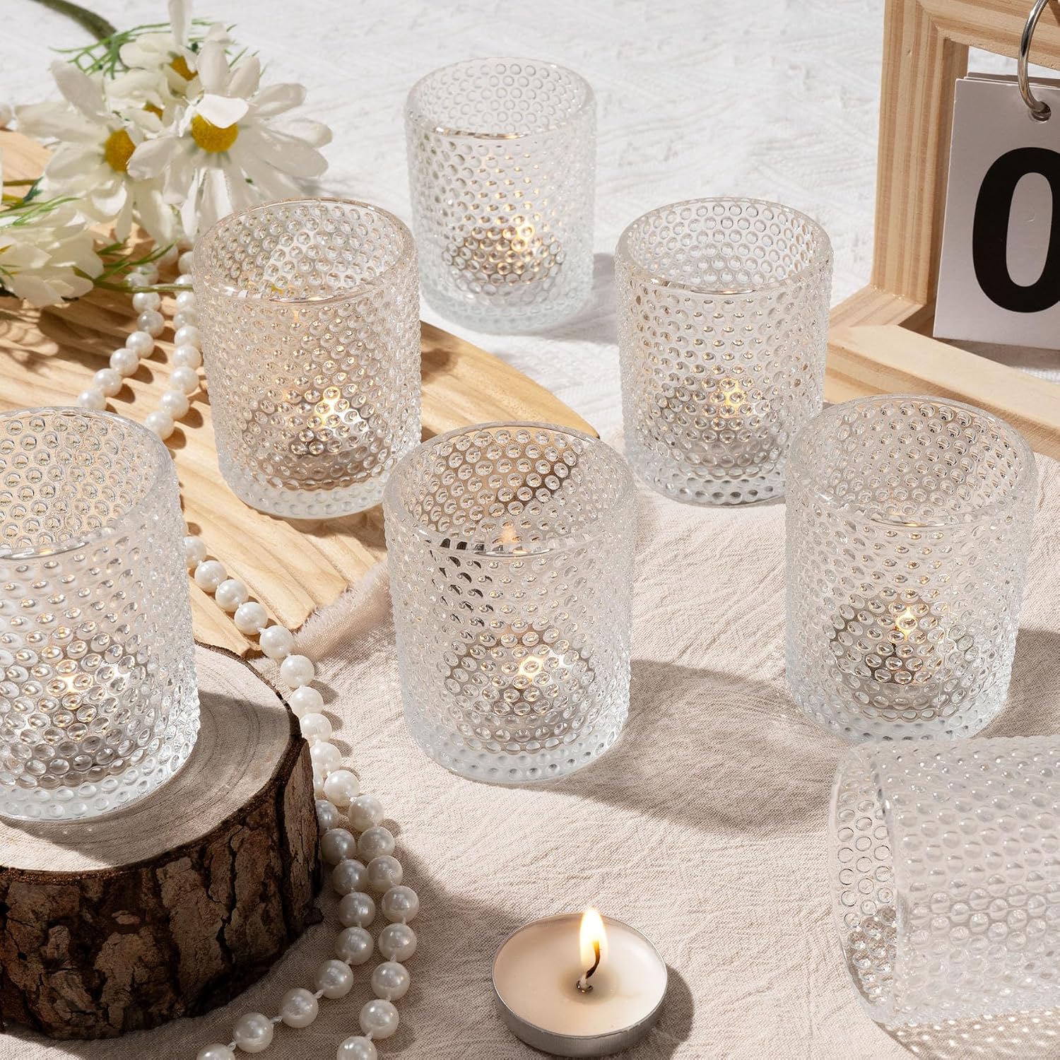 12Pcs Votive Candle Holders, 2 x 2.5in Clear Glass Candle Holder with Dot-Embossed Pattern for Table Centerpieces, Romantic Small Tea Light Holders for Wedding Party Home Chirstmas Decor