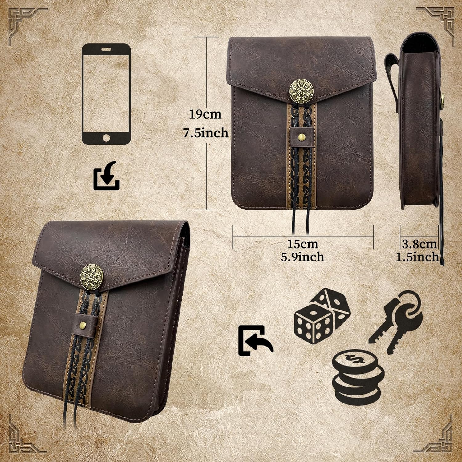 6 PCs Renaissance Belt Costume Accessories Pouch Skirt Sword Frog Viking Horn Belt Holster - Image 2