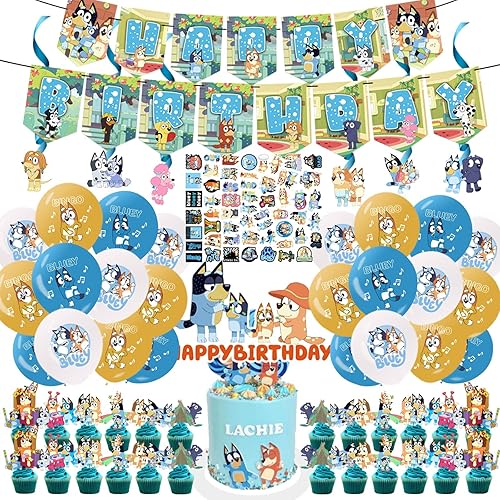 Miniatura 1 de 106 piezas de suministros de fiesta de cumpleaños Blueys incluyen pancarta de feliz cumpleaños remolinos colgantes adorno de pasteles cupcakes
