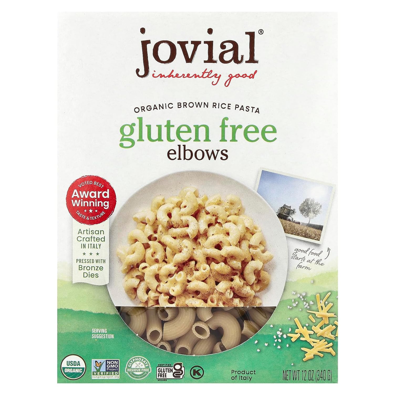Jovial Whole Grain Brown Rice Elbows Pasta - Pasta Elbows, Elbows Pasta, Whole Grain Pasta, Organic Pasta, Gluten Free, Dairy Free, Brown Rice Pasta, Made in Italy - 12 Oz, 12 Pack