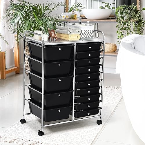 Miniatura 9 de Carrito rodante con 15 cajones, organizador de cajones de plástico transparente con ruedas bloqueables, cajones de almacenamiento extraíbles y de 2