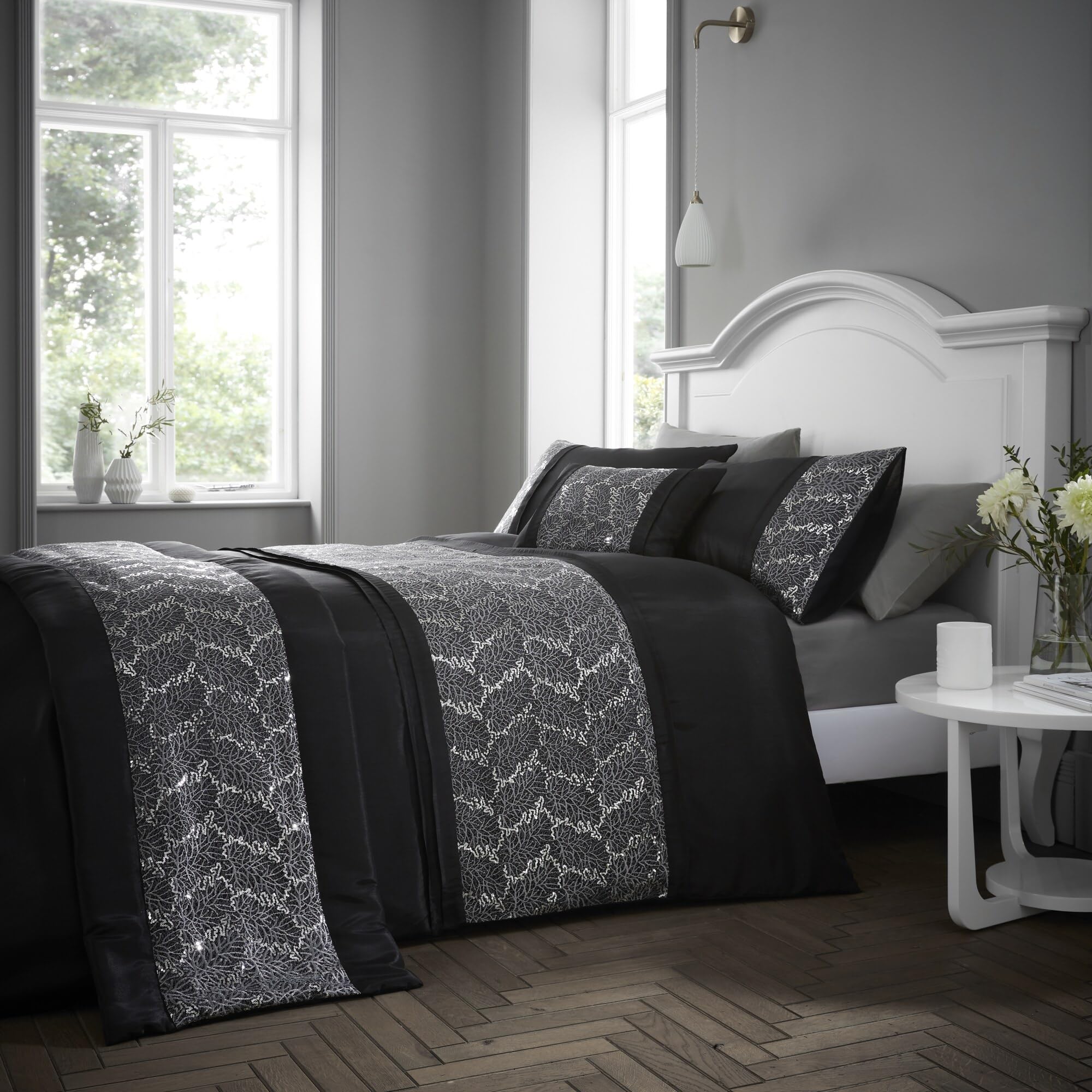 Portfolio Home Rouen Embellished Sequens Geometric Black Double Soft Easy Care Bed Linen Bedding Duvet Cover Quilt Set With Pillow Cases