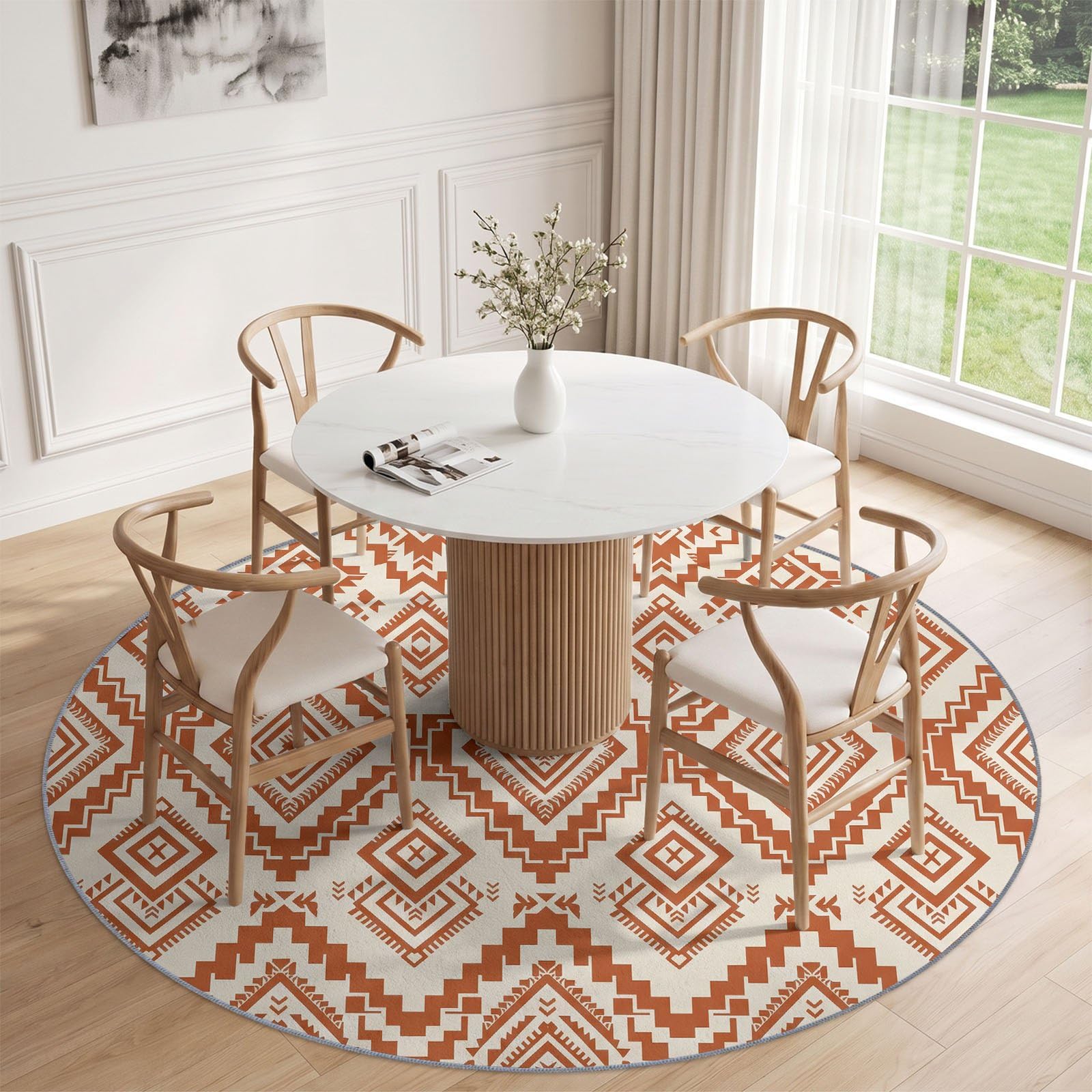 Tapis Rond Salon Boheme Rustique Geometrique Losange Zigzag Ethnique Tapis de Sol Décoration Antidérapant pour Salon Chambre Cuisine Balcon Terrasse Salle à Manger Intérieur (120 cm, Beige)