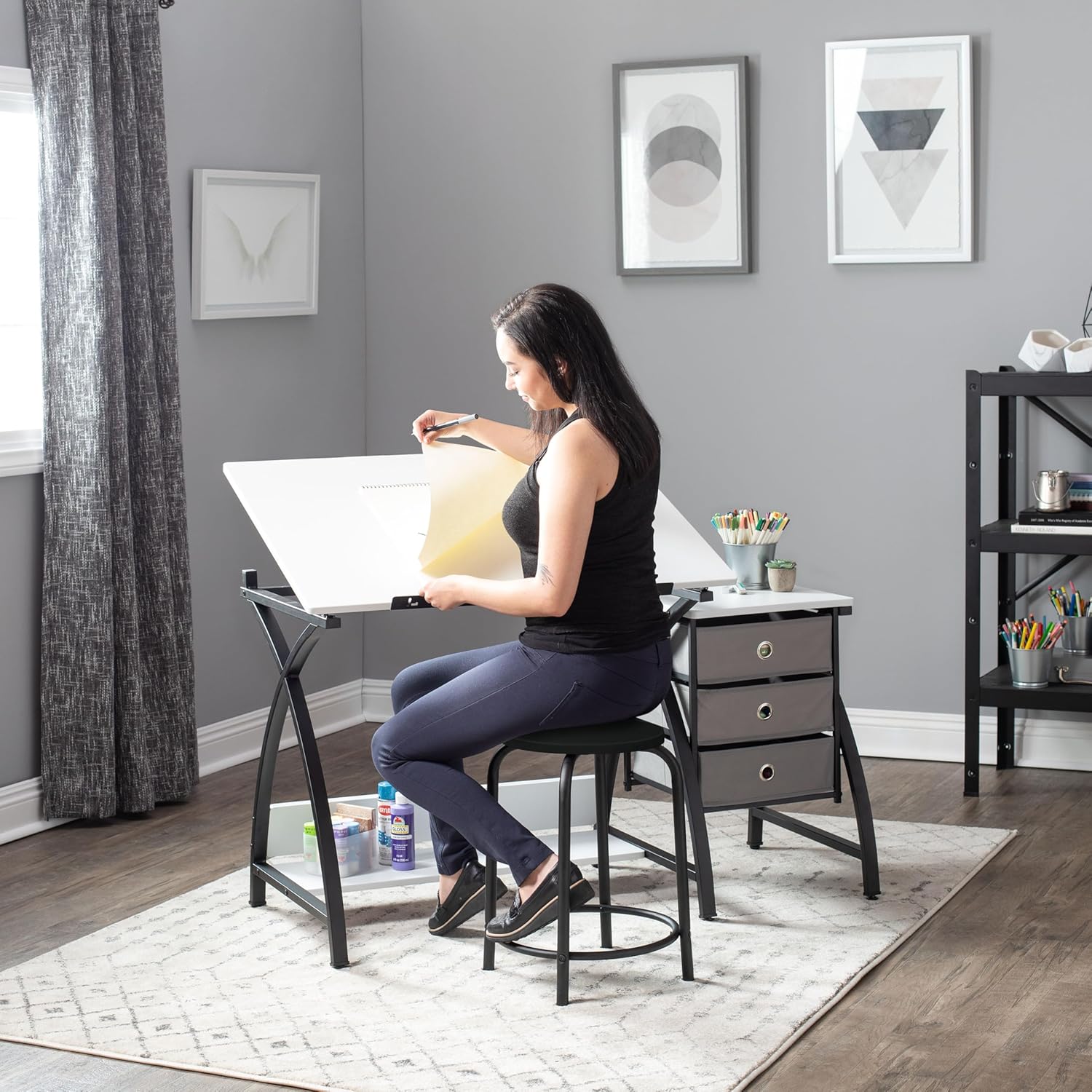 40'' Black & White Adjustable Craft Table with Storage & Padded Stool