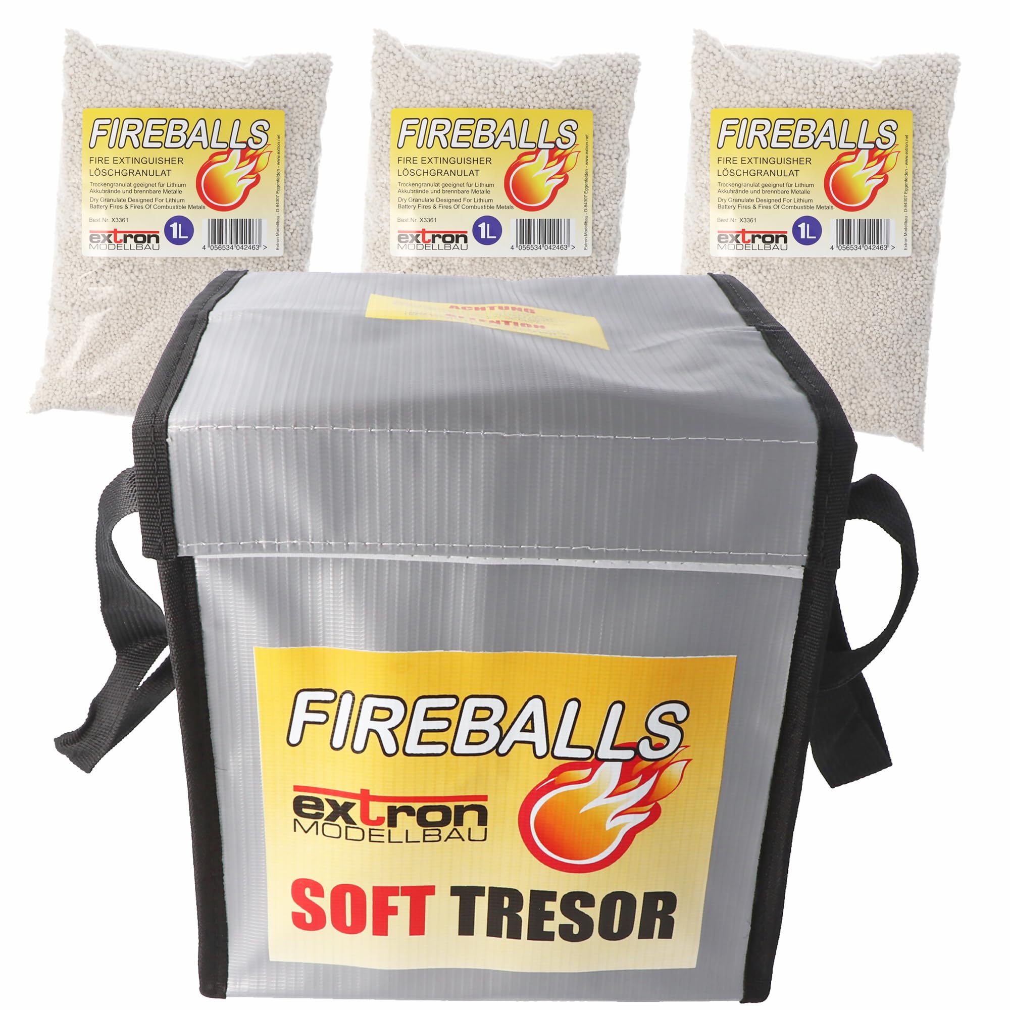 Extron Fireballs - Granulado extintor para baterías de litio, protección contra incendios, agente extintor, 3 x 1 l, incluye caja fuerte blanda