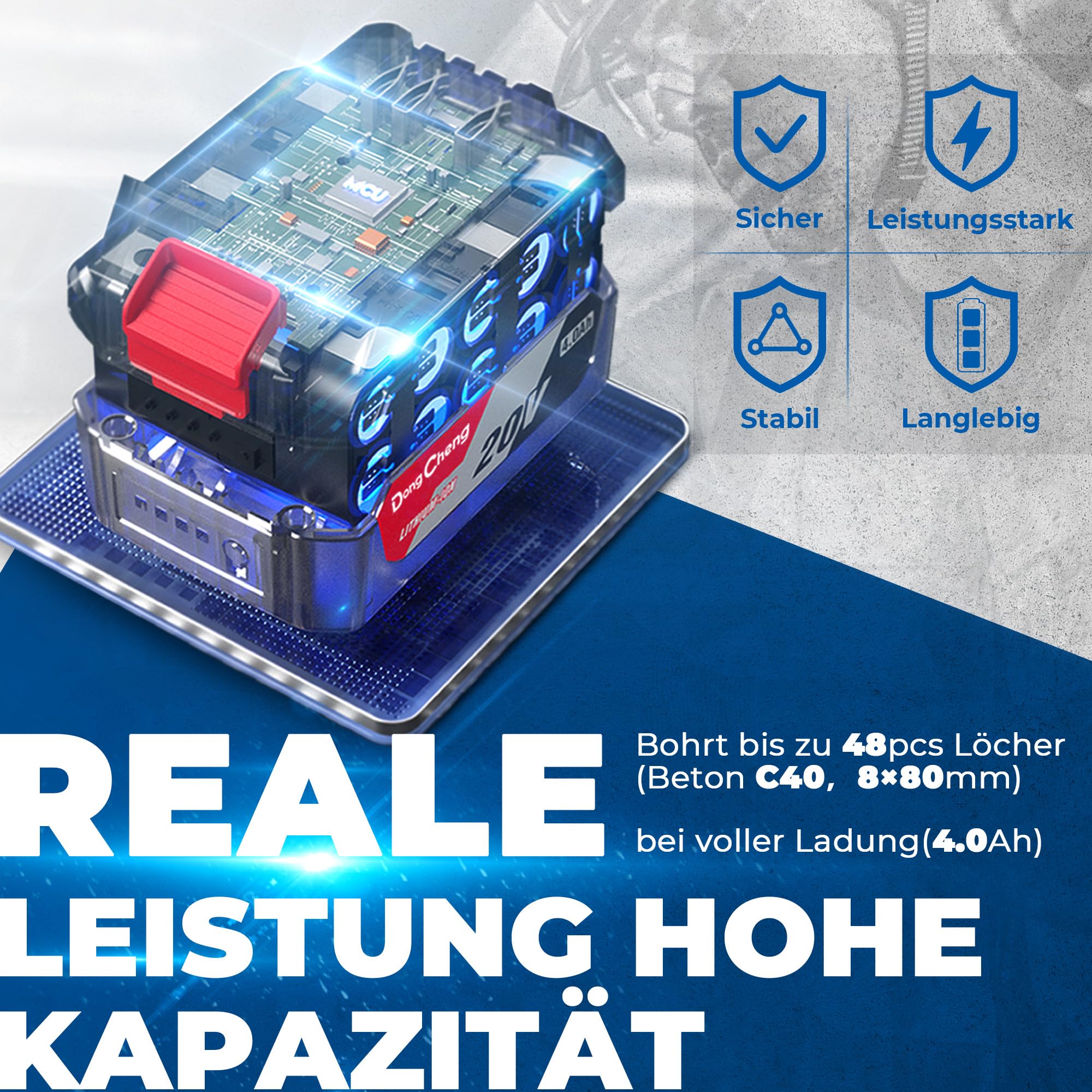 DongCheng Akku Bohrhammer 20V, Schlagenergie 2.8 J, mit 4 Stück SDS-plus, Bohren bis 28 mm, Bürstenloser Bohrhammer Motor, Anti-Vibrationsgriff, inkl. 4Ah Akku und 2A Ladegerät im Handwerkerkoffer