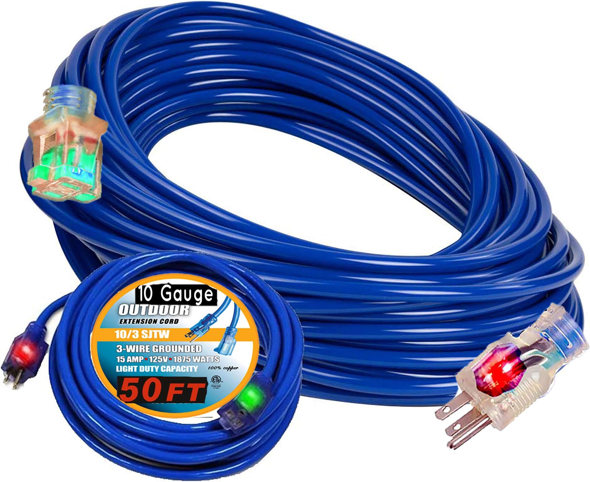 50 ft 10 Gauge Heavy Duty Indoor Outdoor Extension Cord 125 Volt, 1875 watt 15 amp UL Listed 10 Gauge Extension Cord 10/3 Prong 50 ft Waterproof Flexible Cold-Resistant with Lighted Indicator