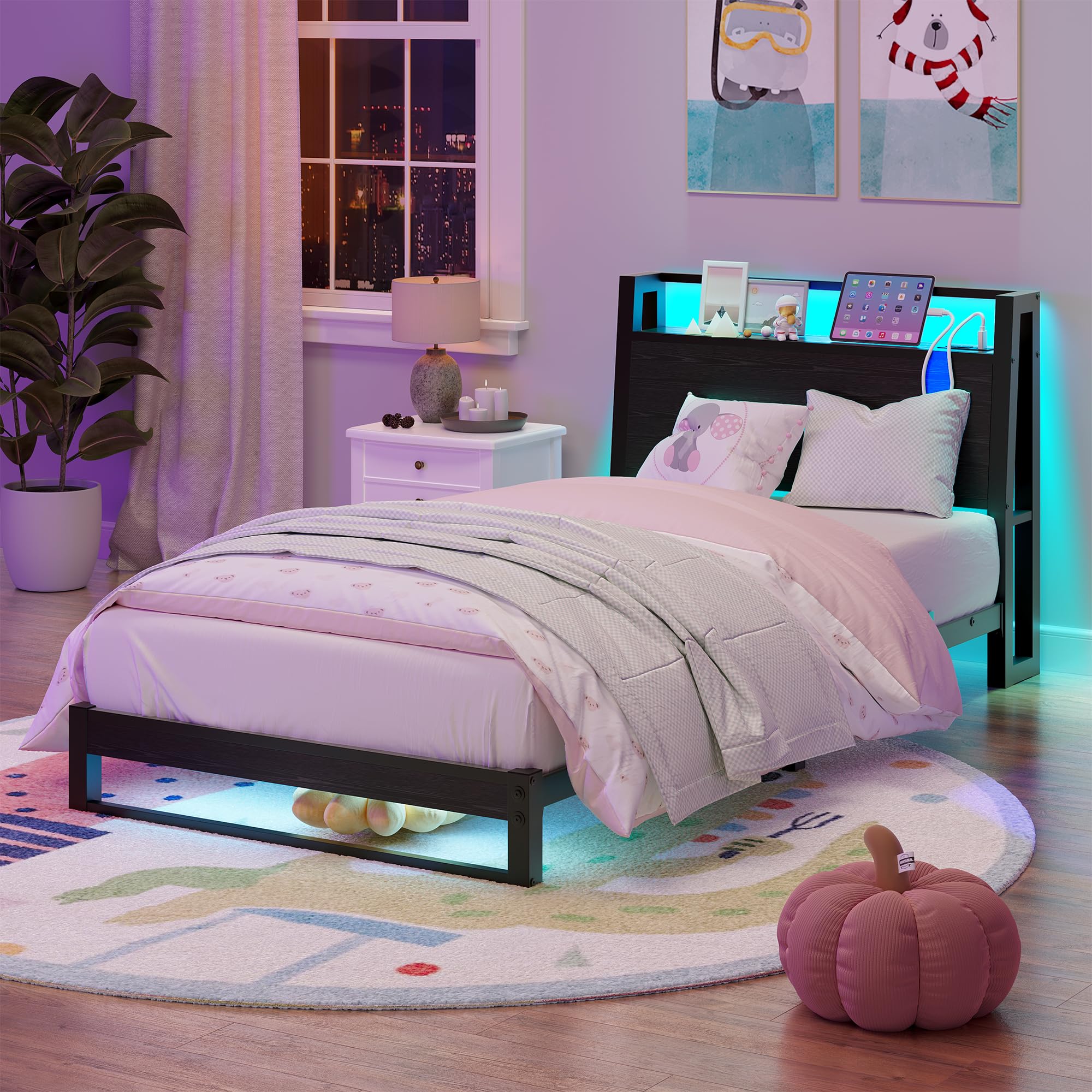 Letto 90 x 200 cm con testiera ergonomica con spazio di archiviazione, letto singolo in metallo, telaio del letto con stazione di ricarica e illuminazione a LED, ideale per camera da letto