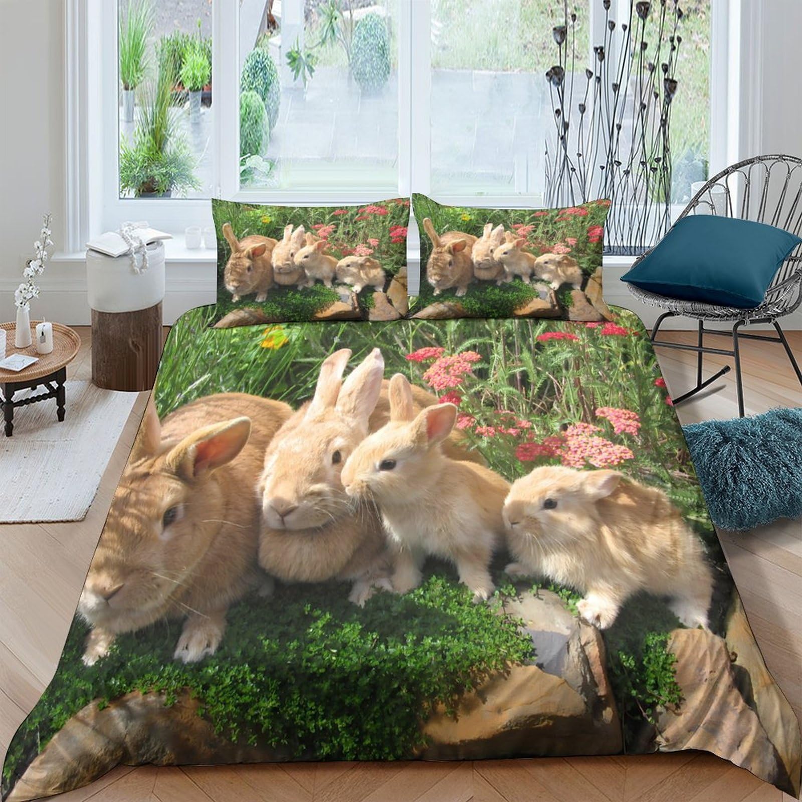 Ctjqhvkz Style-3 3D Printed Bunny Family Fitted Sheet Microfiber Soft Green Meadow Bed Cover For Bedroom Dorm Easy Care Single（135X200cm）
