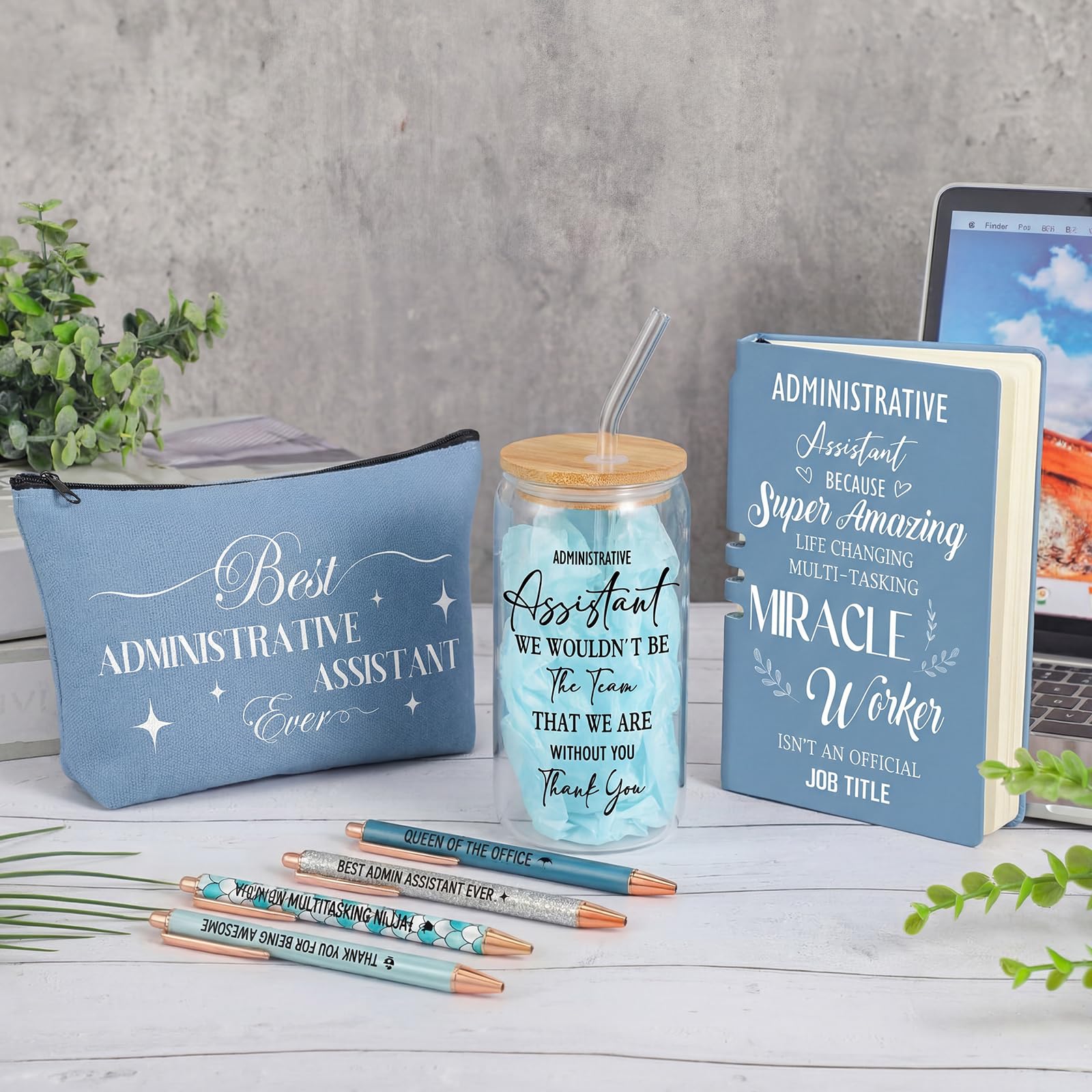 Skylety 7 Pcs Administrative Assistant Gifts Set 16oz Glass Tumbler Makeup Bag Ballpoint Pens Notebook Admin Professional Day Secretary Thank You Gift for Women Lady Coworkers Office