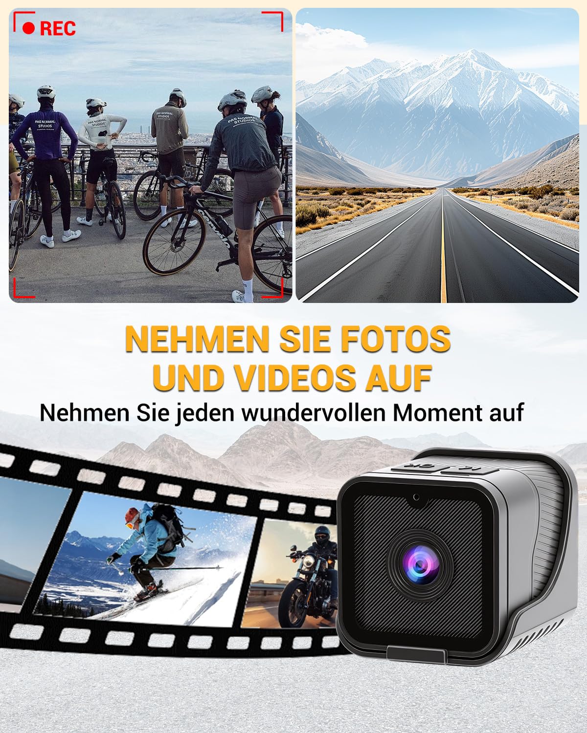 WLAN Action Kameras 120°Weitwinkel Sportkamera Mini Action Cam 1080P HD Dashcam Fahrrad für Helm und Fahrrad Mit Loop Aufzeichnung 64GB Speicherkarte Mit Halterungen