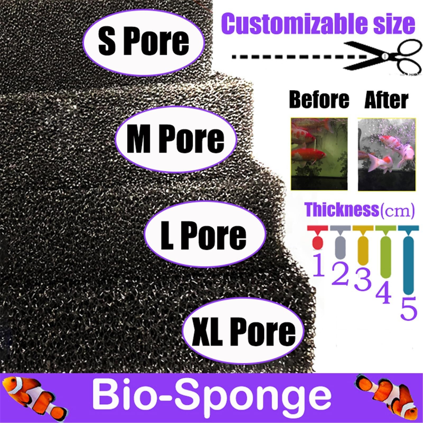 Biologiczny filtr gąbkowy do akwarium - materiał filtracyjny do akwarium i stawu, różne rozmiary (S/M/L/XL) (100 x 50 x 5 cm, M pory)