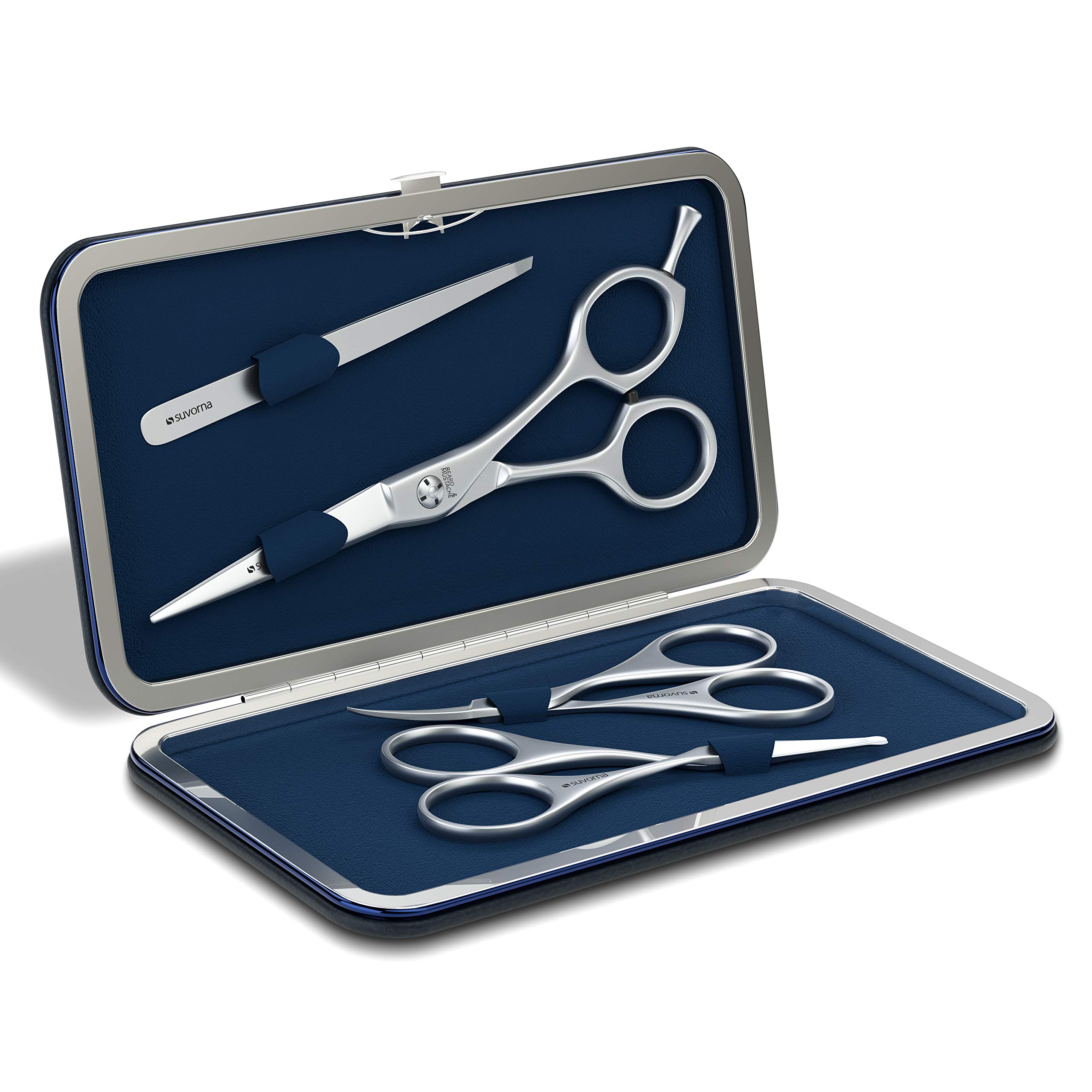SuvornaPremium Beard and Mustache Scissors set/Kit (4pcs). 5.5" Precision Cut Beard & Mustache, Ears & Nose and Eyebrow Scissors along Slant Tweezers. Comes with! (Dark Blue)