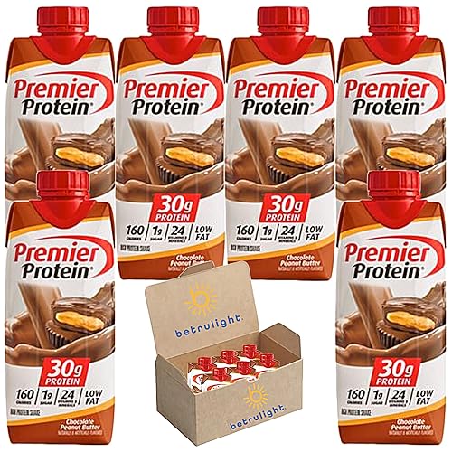 Batido de proteínas nuestra mantequilla de maní de chocolate de sabor premium tiene 1.06 oz de proteína, 0.04 oz de azúcar, 24 vitaminas y