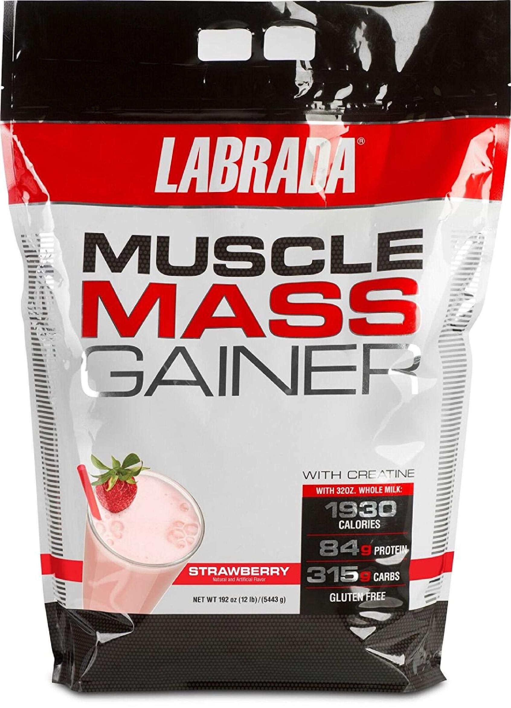 Labrada Nutrition Muscle Mass Gainer, (Strawberry, 12 Pound) 84 g Protein, 315 g carb & Gluten Free