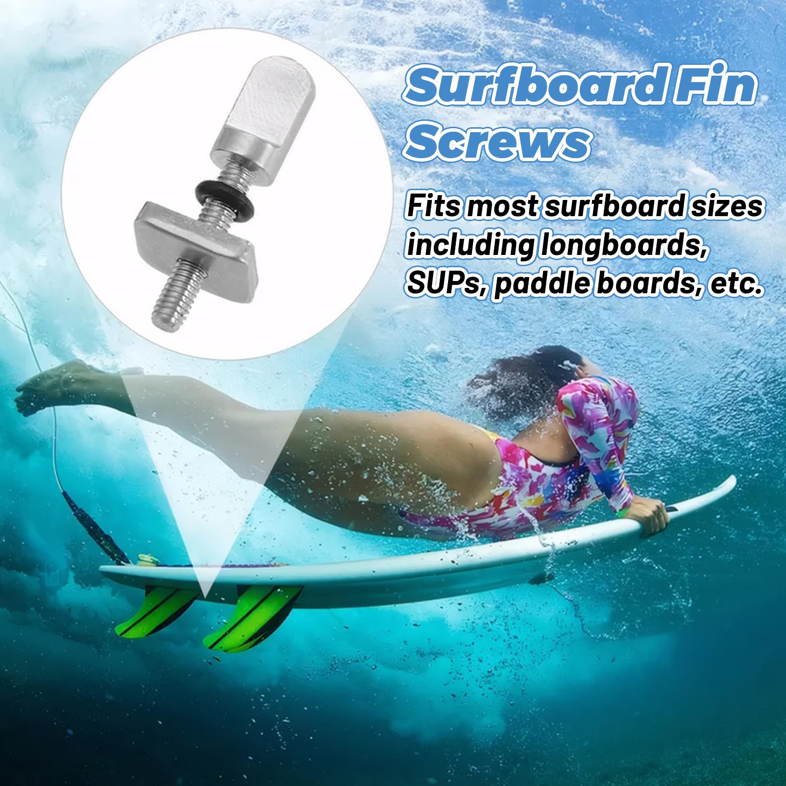 MAEXUS 4 tornillos de aleta para tabla de surf de acero inoxidable 316, M4, tornillos para tabla de surf con anillo de silicona, tornillo de bloqueo de aletas, tornillos universales para tablas de