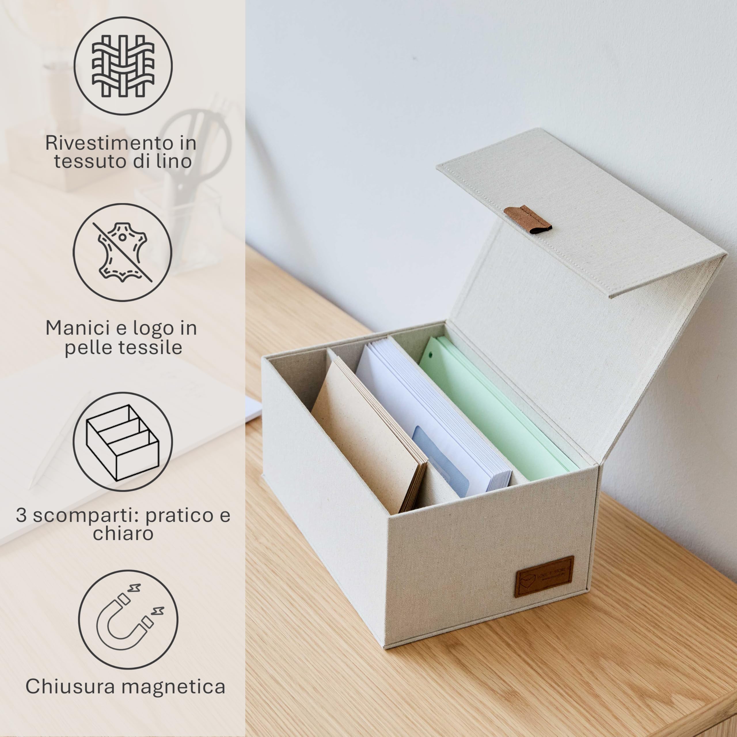 LOVE IT STORE IT - Premium - Scatola porta foto 3 scomparti 28x18x12 cm con coperchio incernierato magnetico, tessuto lino, elegante per ufficio, soggiorno o studio | Organizer con 3 scomparti e coperchio ribaltabile in tessuto di lino, chiusura magnetica