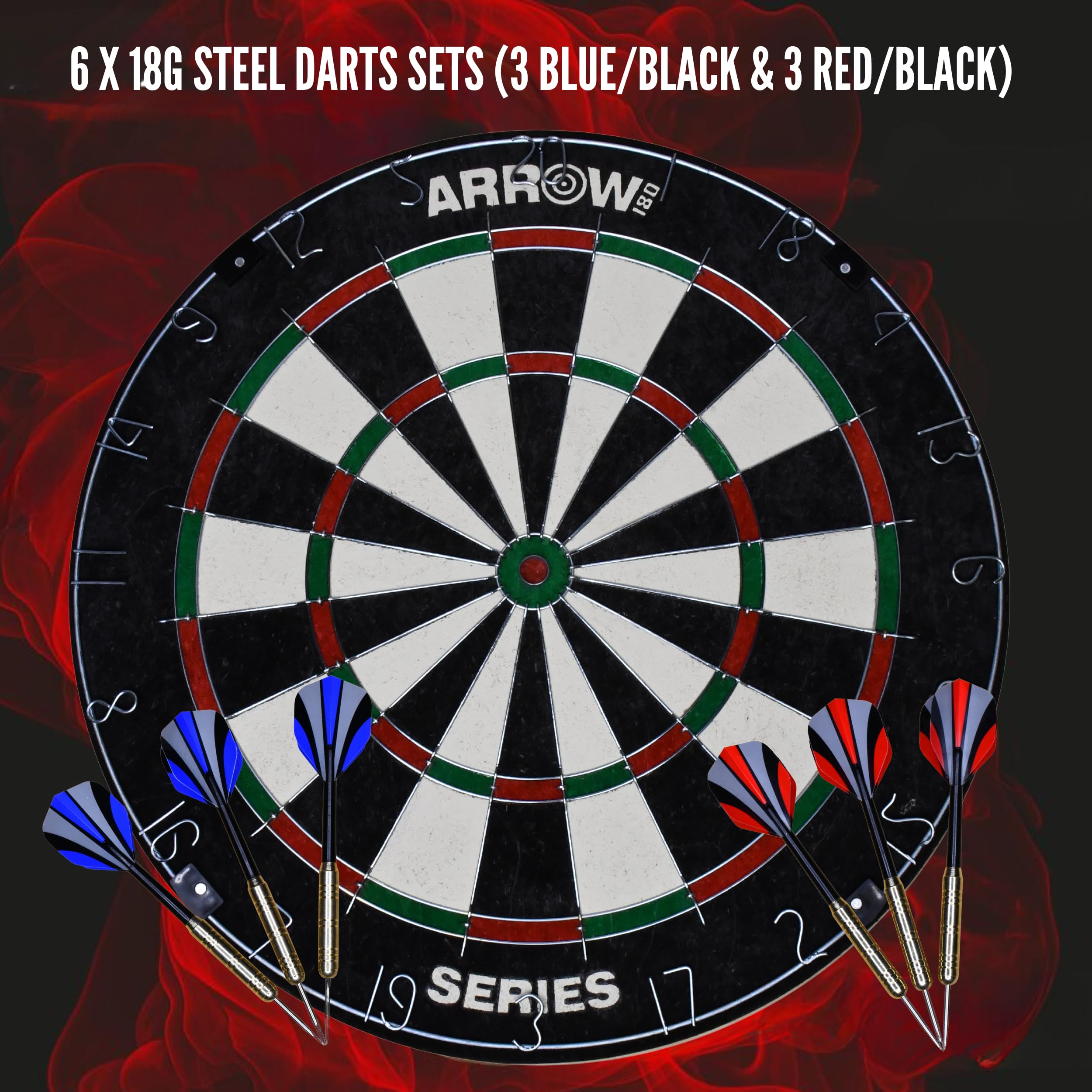 Arrow180 Bristle Dartboard Tournament Set, Natural Sisal Board Official Specifications, 2 x 18g Steel Dart Sets, Round Wire System, Adjustable Number Ring