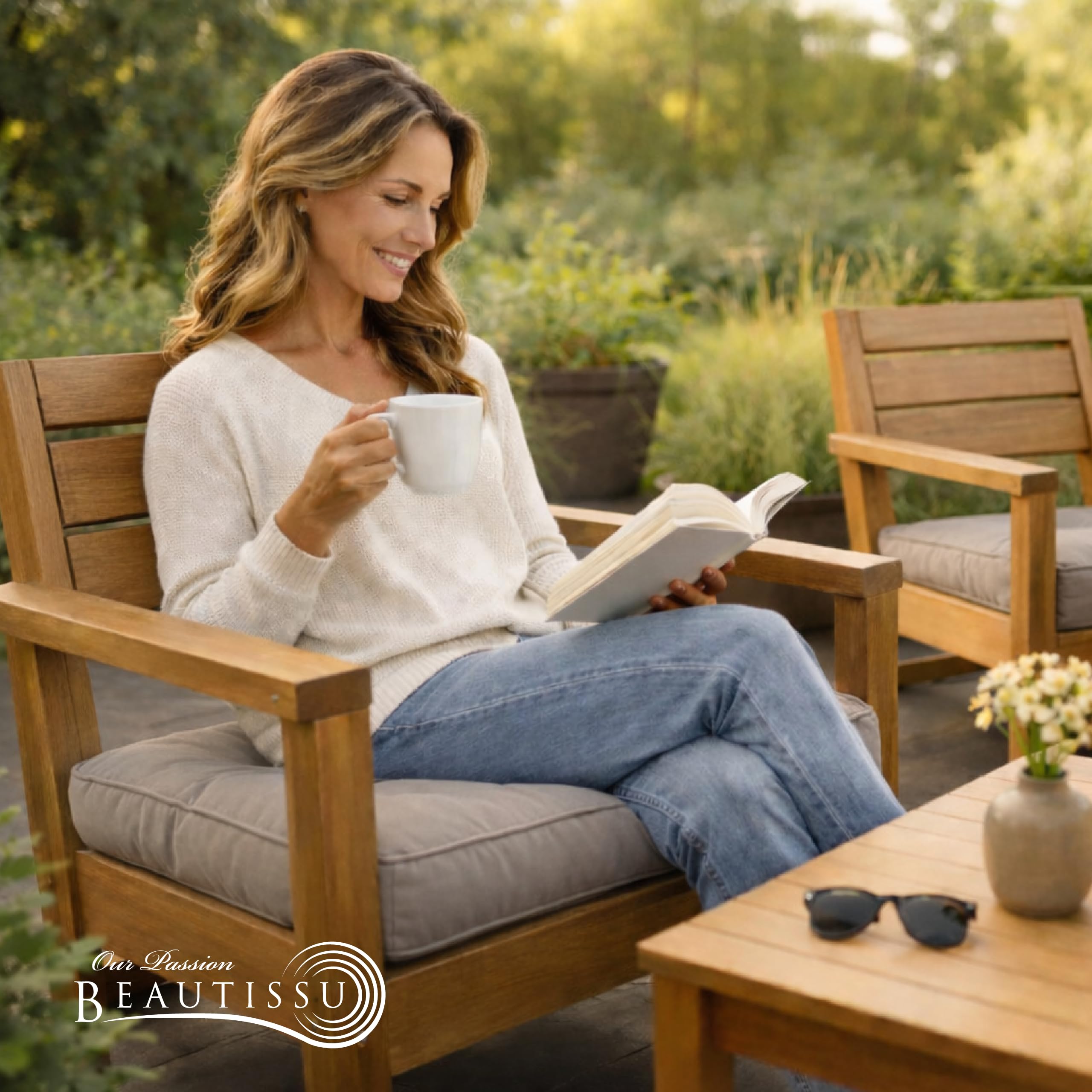 Beautissu Cojín para Muebles de jardín o Mimbre - Acolchado Lounge de sillas de Exterior Resistente al Agua - 50x50x10 cm - Natural