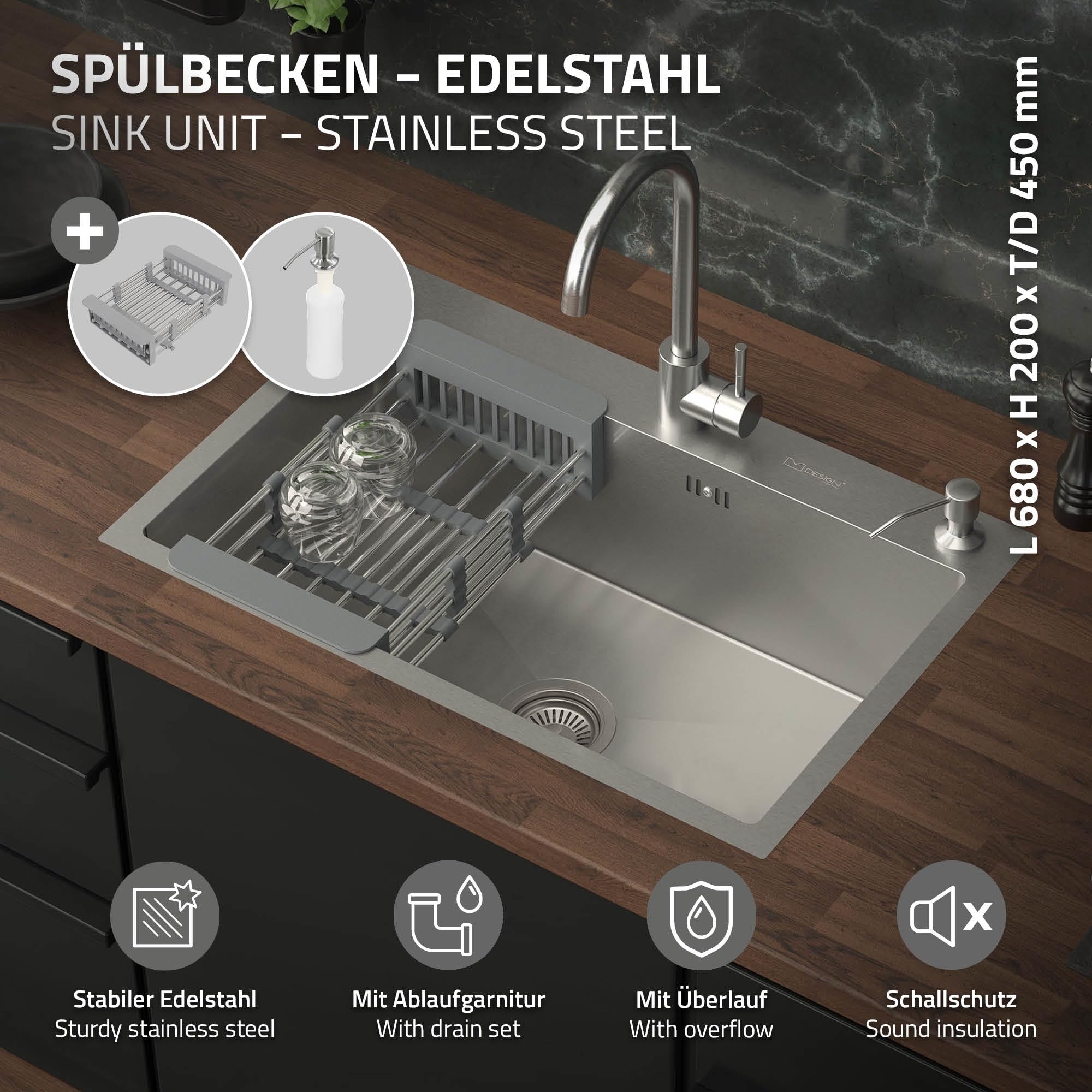 ML-Design Zlewozmywak kuchenny, 68 x 45 cm, z odpływem, dozownikiem mydła i koszem na ociekacz, ze stali nierdzewnej, srebrny, zlewozmywak z umywalką, montaż do zabudowy, umywalka domowa