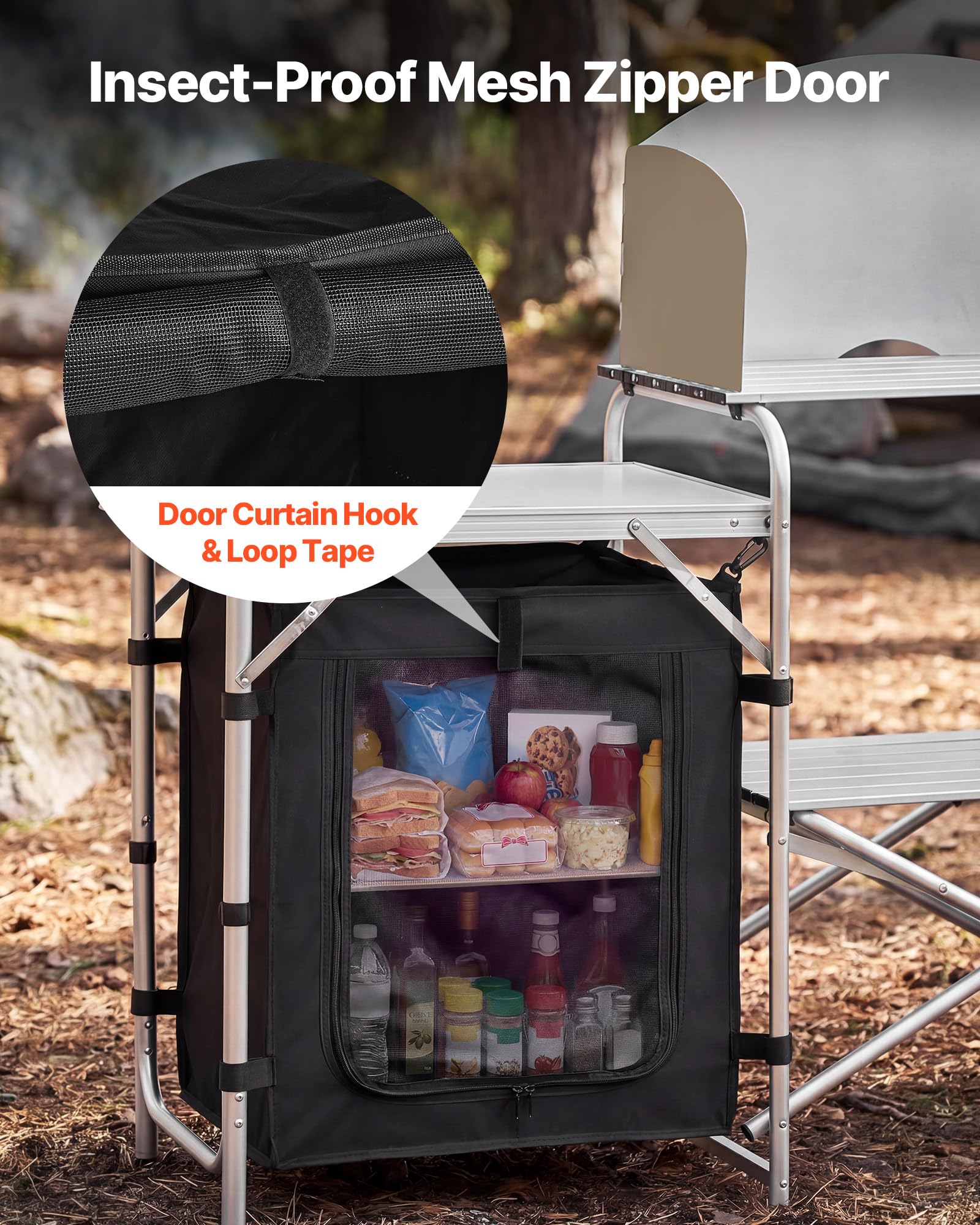 VEVOR Cuisine de Camping Pliable Table de Camping avec Rangement Portable, pour Barbecue, Pique Nique, Voyage, en Aluminium Léger, avec Tables Latérales, Pare-Vent Amovible et Sac de Transport
