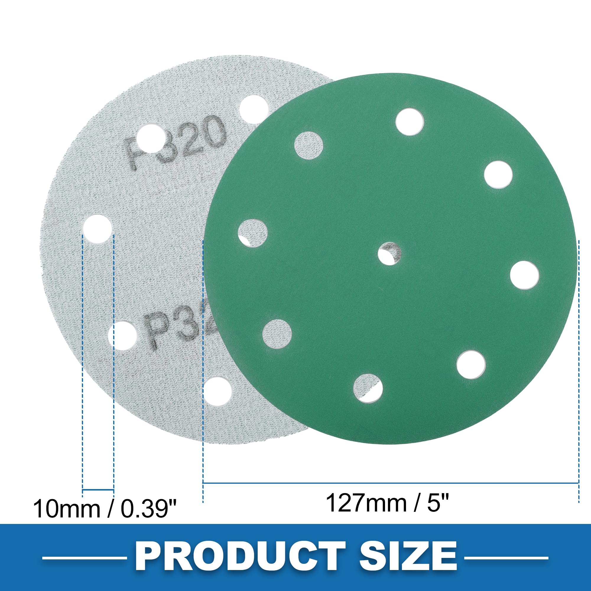 A ABSOPRO Sanding Discs 5 Inch 9 Hole 320 Grit Round Hook and Loop Sandpaper Aluminum Oxide Green 50pcs, 5" - Image 4