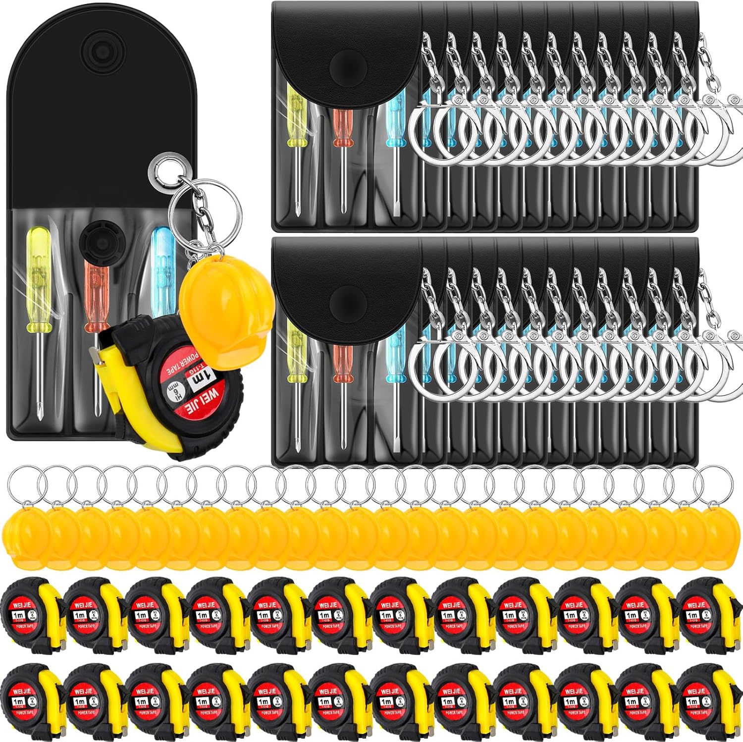 Jutom 384 Pcs Mini Tape Measure Screwdriver Construction Helmet Keychains Bulk for Men Party Favors Tool Birthday Party Gifts