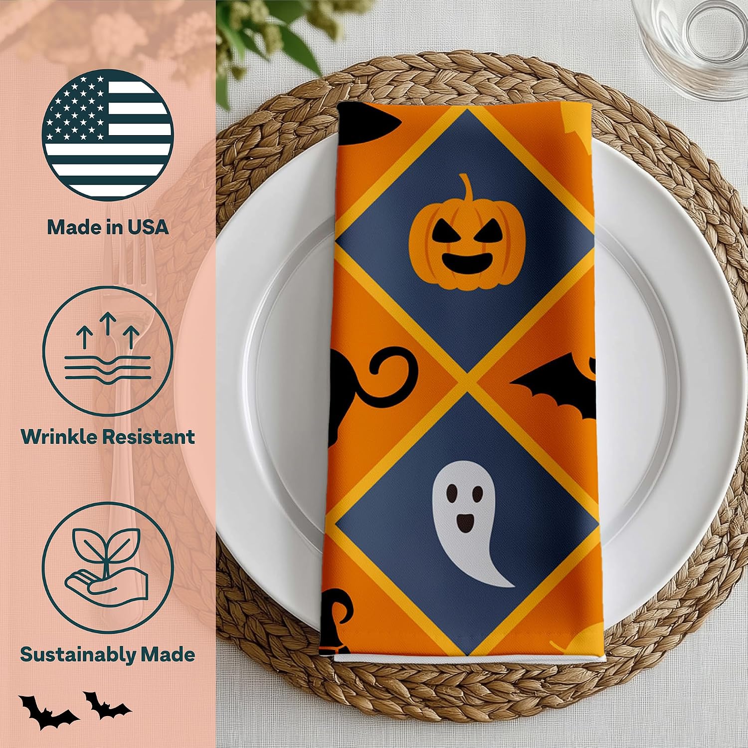 Halloween Table Decor | Pumpkins Ghost Black Cat Witches Hat | Home Dining Room and Kitchen | Party Supplies | Absorbent, Washable, Reusable, Stain & Wrinkle Resistant | USA Made - 4pack