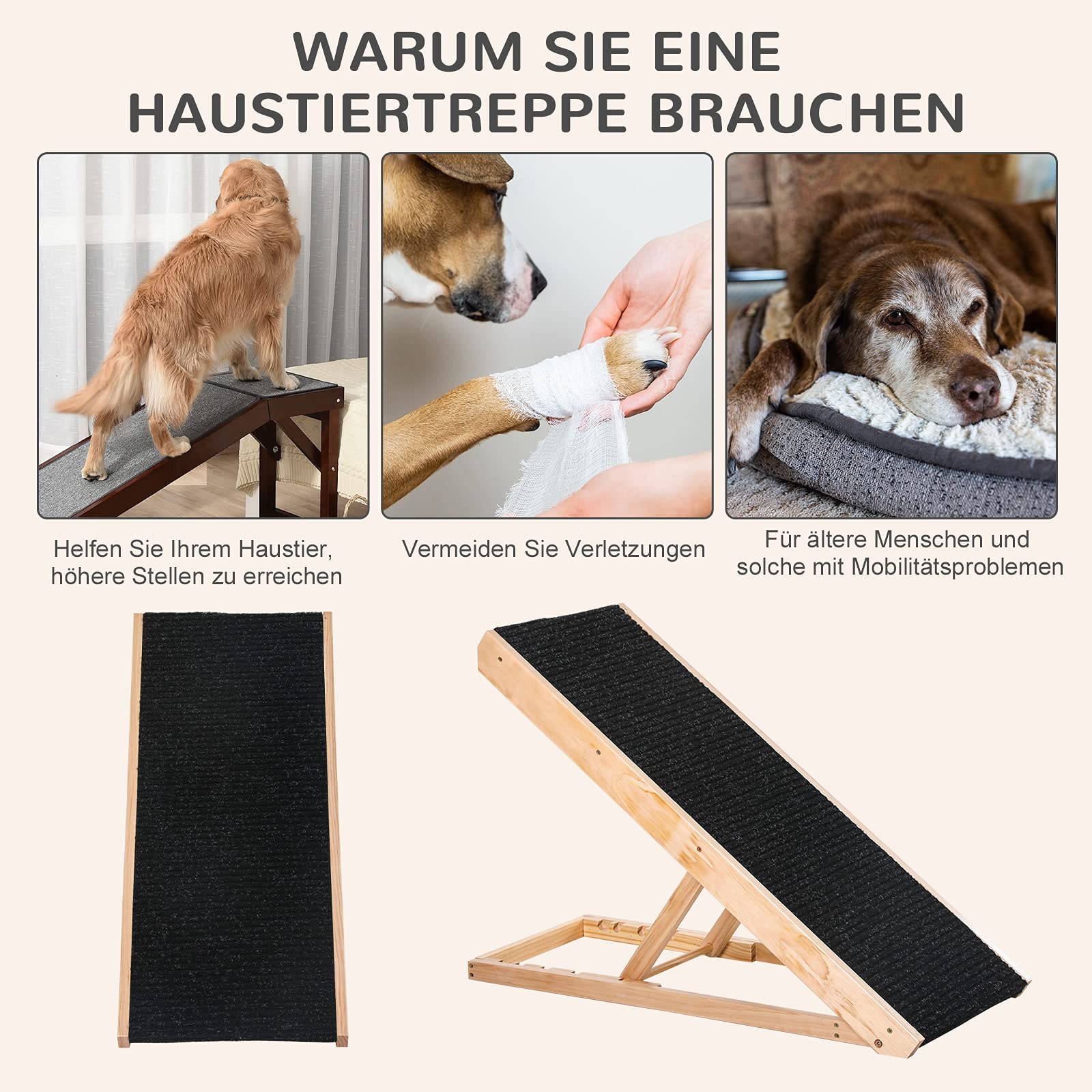 Pawhut Rampe pour animaux de compagnie avec tapis antidérapant - Échelle réglable pour grands chiens - Bois de pin - 90 x 40 x 61 cm