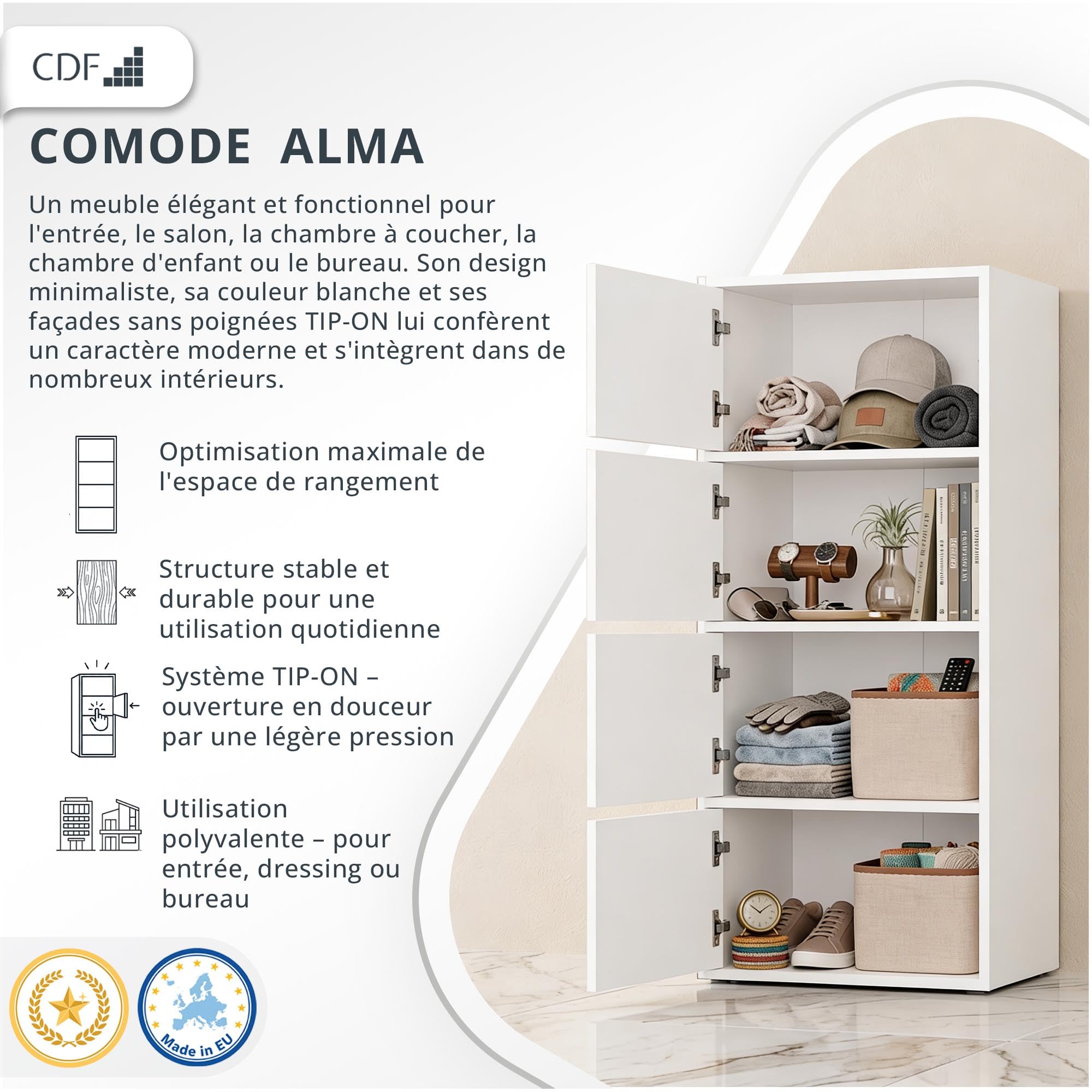 CDF Armoire De Rangement Haute 50cm 4 Portes 4 Étagères Salon Bureau Entrée Chambre Couloir Meuble Buffet Commode Placard Dressing Vestiaire Casier Cabinet Fin Push-to-Open sans Poignée Moderne Blanc
