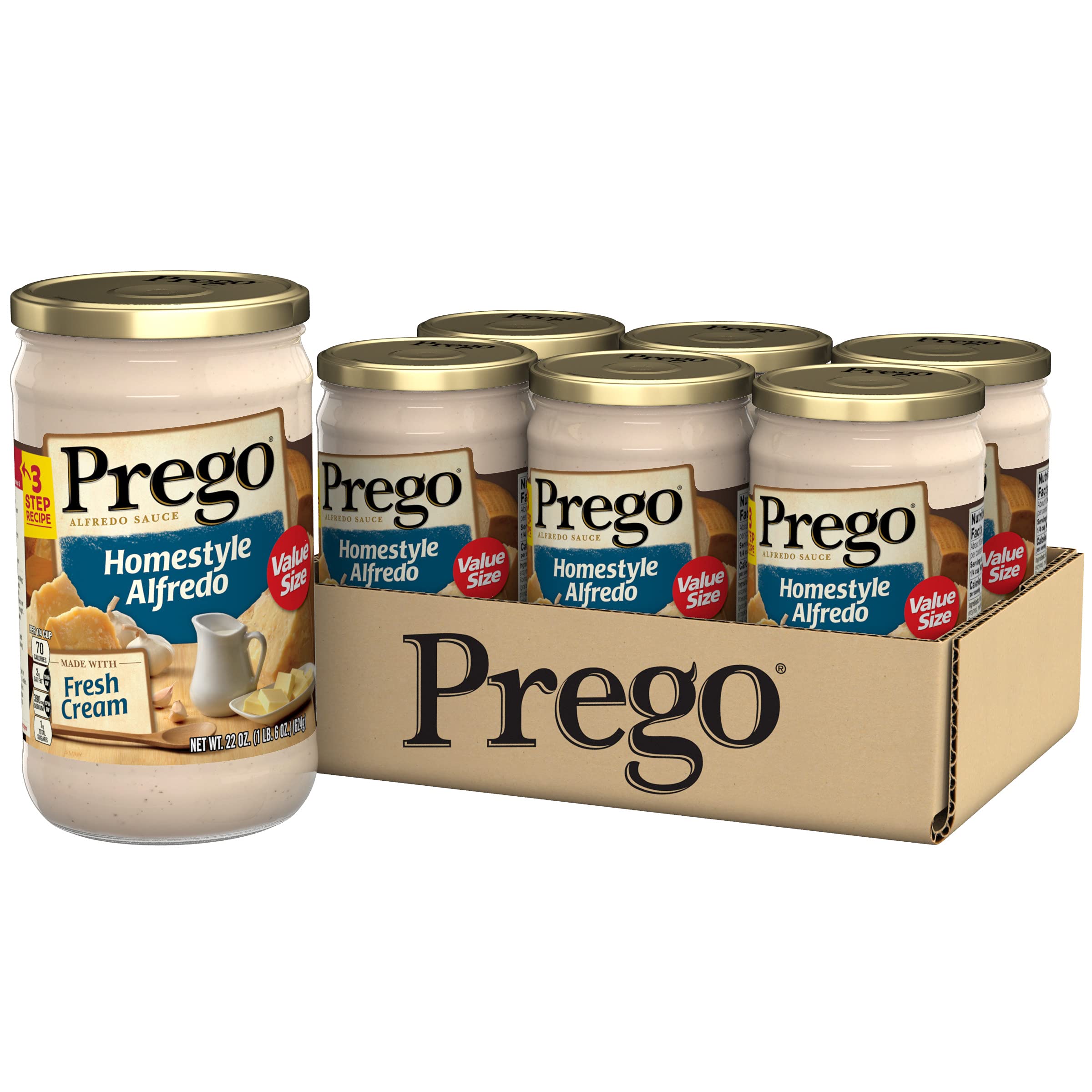 Prego Pasta Sauce, Homestyle Alfredo Sauce, 22 Ounce Jar (Pack of 6)