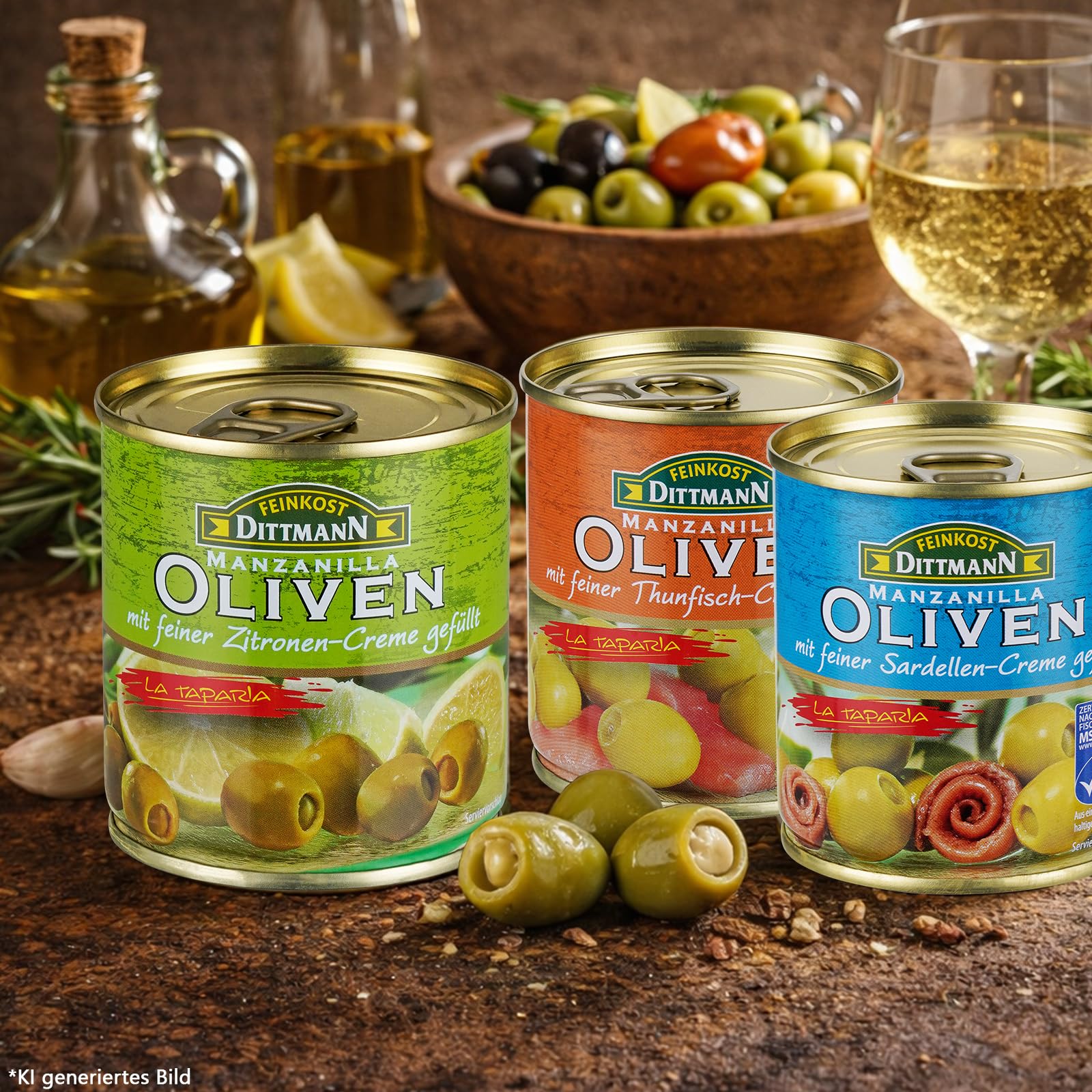 Feinkost Dittmann Oliven & Tapas Mix – 8er Set Manzanilla Oliven | gefüllt mit Chili, Sardellen, Thunfisch, Zitrone, Knoblauch, Blauschimmelkäse + Spanischer Tapas-Cocktail
