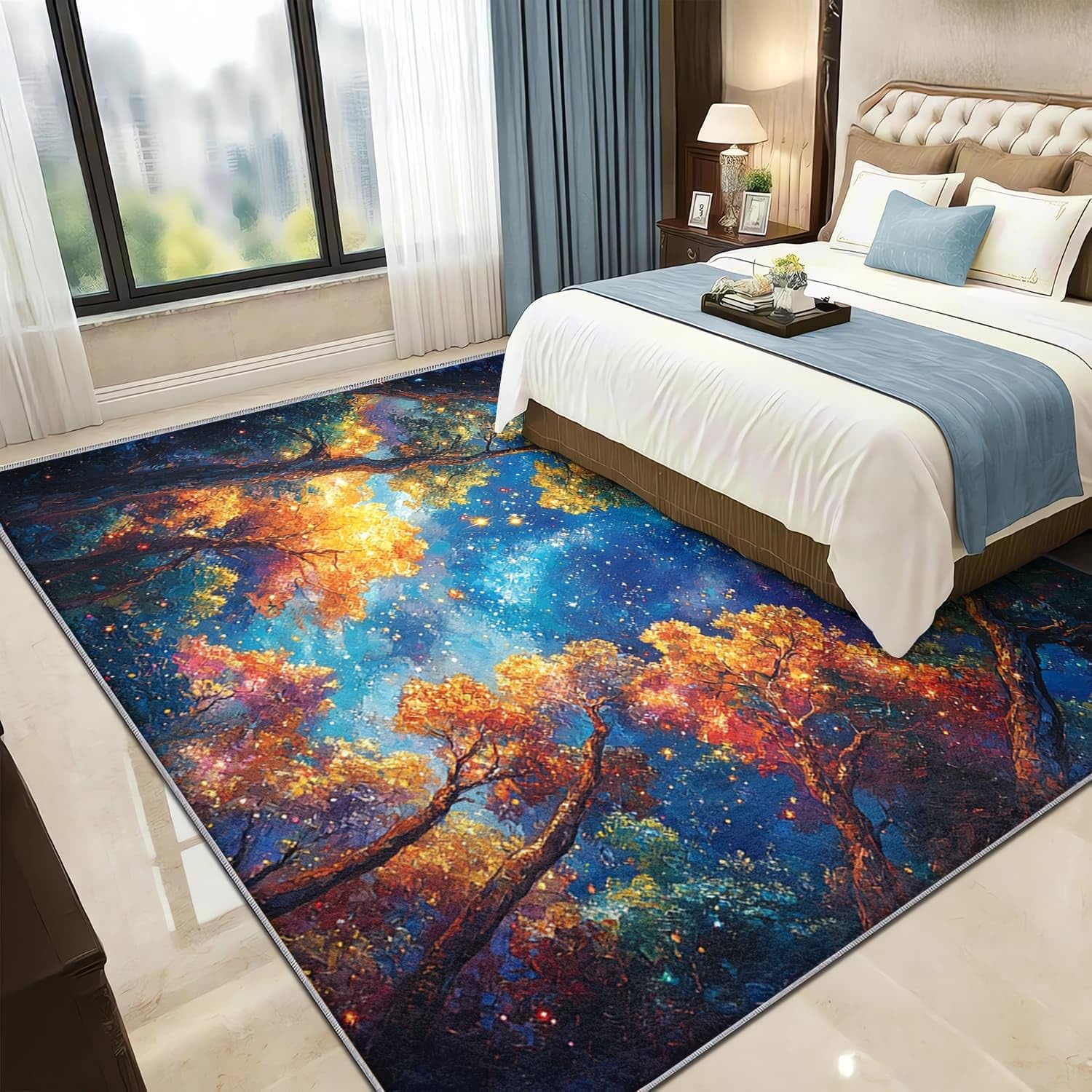 Moderner Maschinenwaschbar Kurzflor Teppich 120x180 cm Weite Sternenhimmel Sterne Super Weich Wohnzimmer Schlafzimmer Teppich MatteBlau TPR Rutschfester Teppiche für Küche, Flur, Esszimmer