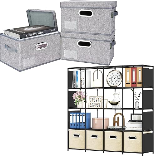 BALEINE Contenedores de almacenamiento con tapas (paquete de 3) + estante de almacenamiento de cubos (16 cubos)