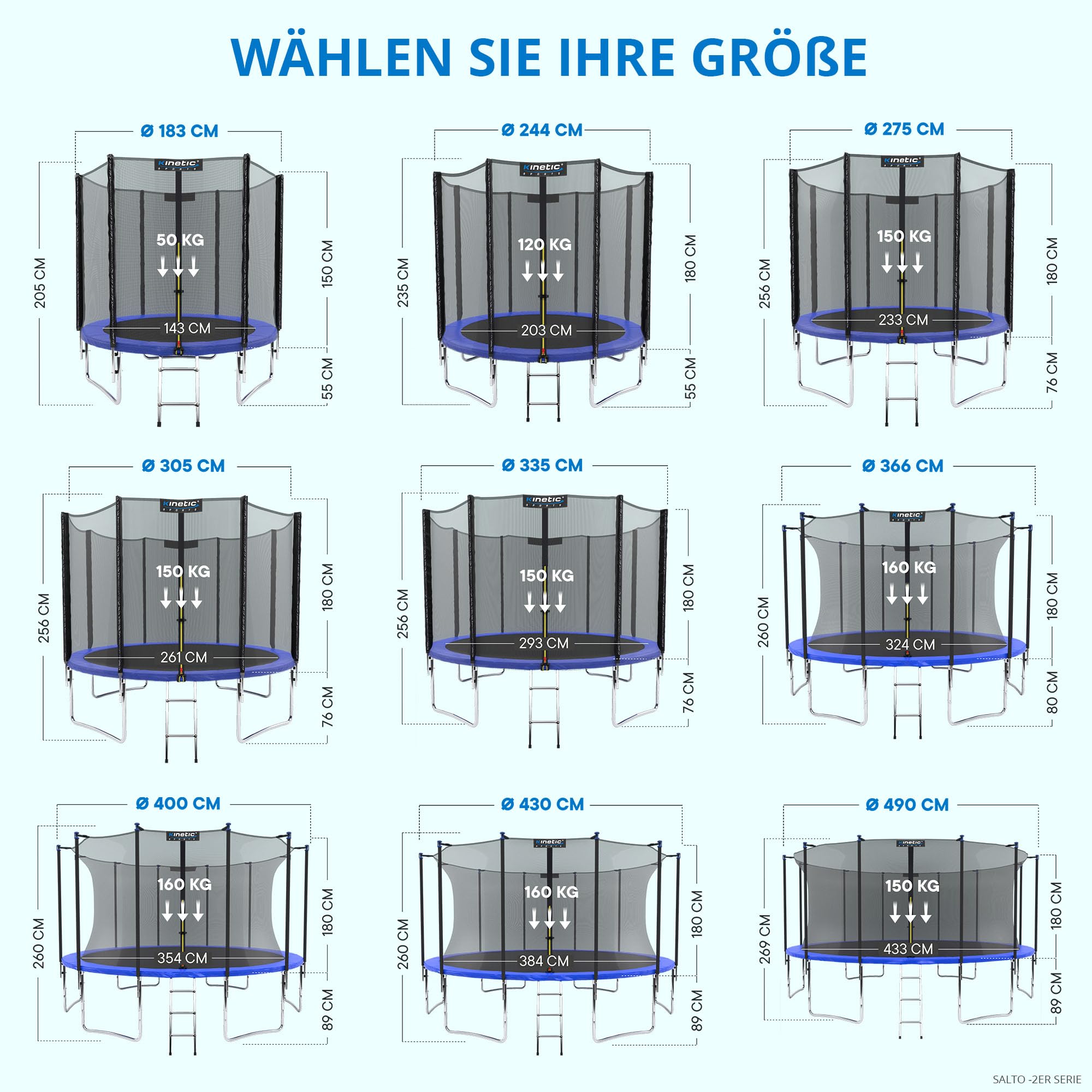 KINETIC SPORTS Trampolin Outdoor 'Salto Plus' Ø 183/244/305/366/400/430/490 cm - Komplett-Set für Kinder, USA Sprungtuch, Netz, Randpolster, Leiter