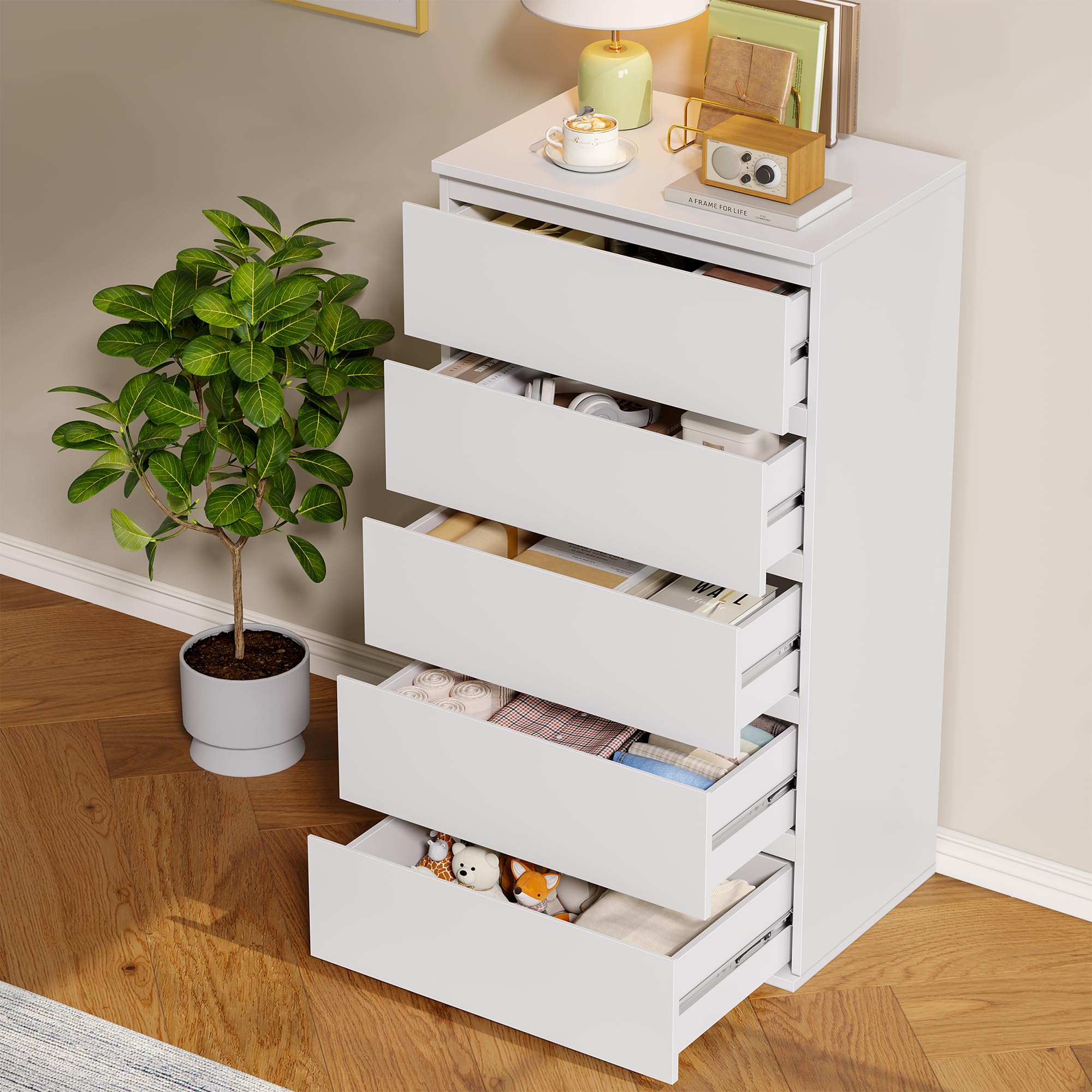FOREHILL Cassettiera Comodino Bianco con 5 Cassetti Silenziosi e Scorrevoli | Comò Comodino con Cassetti,Senza Maniglia,Design Salvaspazio Verticale,Ingombro Ridotto,per Corridoio Cameretta,55x33x100cm