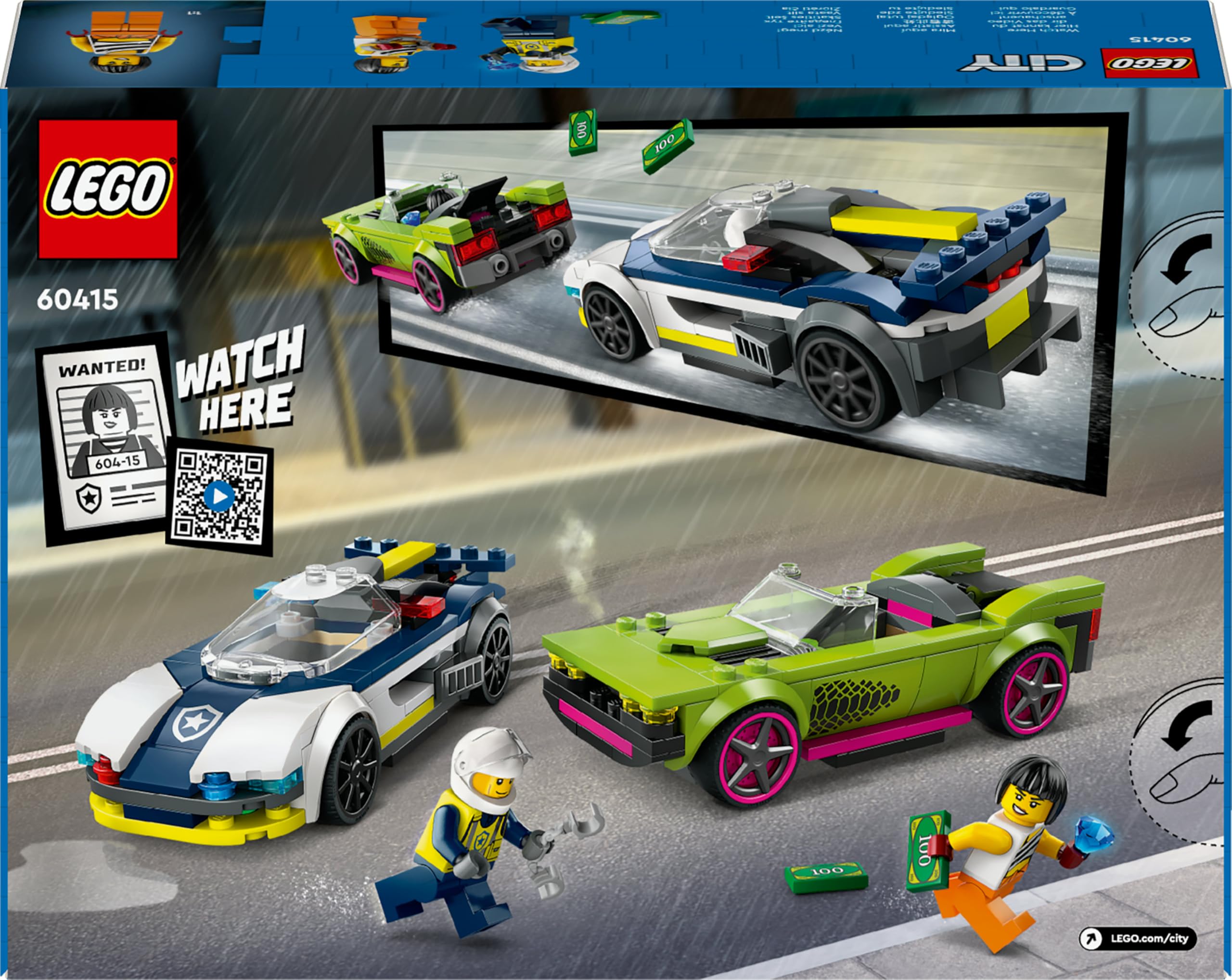 LEGO City La Course-Poursuite Entre la Voiture de Police et la Super Voiture, Jouet Imaginatif et de Rôles, Minifigurines d'Agent et Voleuse, Cadeau pour Garçons et Filles Dès 6 Ans 60415