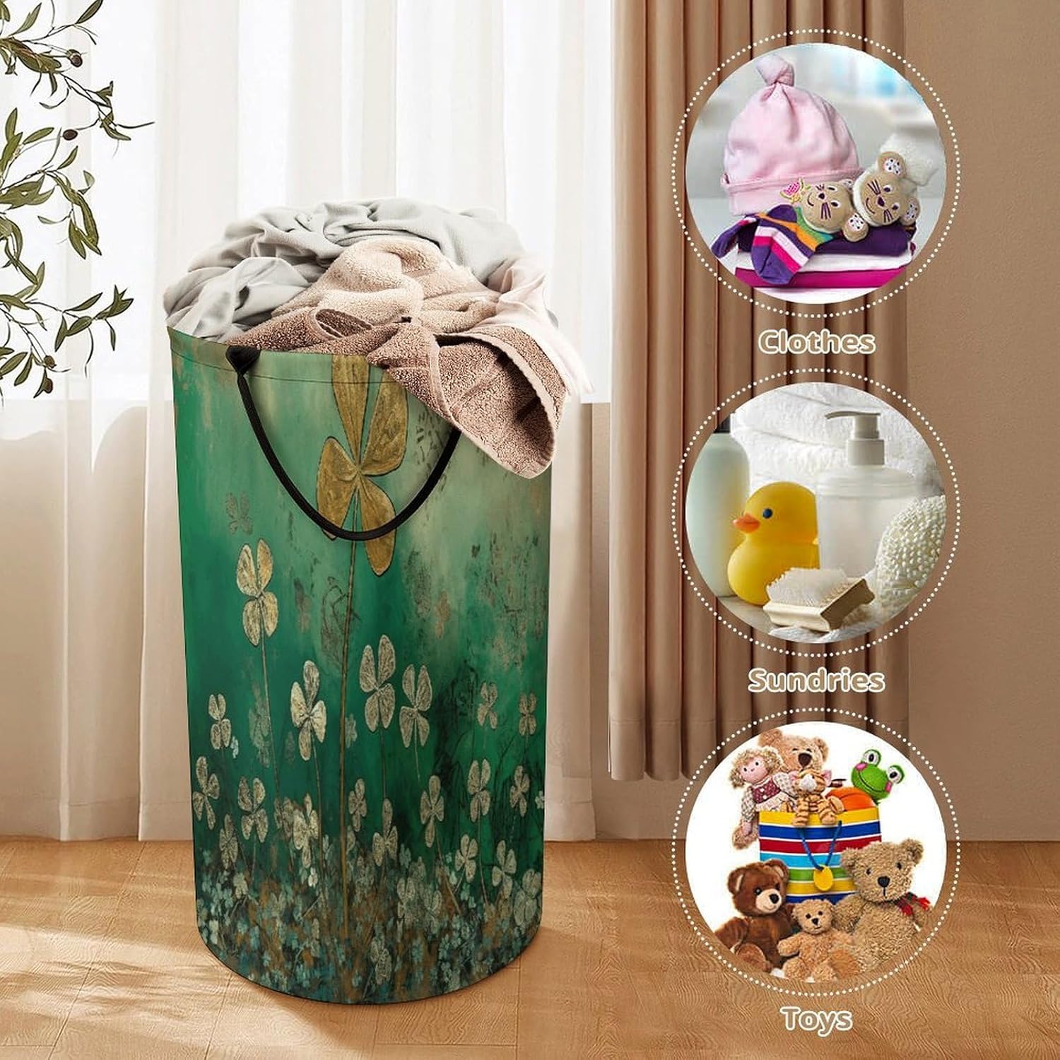 Plant Pattern on Wall Laundry Hamper Large Collapsible Laundry Basket with Handles Waterproof Clothes Hamper Portable Dirty Clothes Basket for Bedroom Laundry Room Closet Bathroom