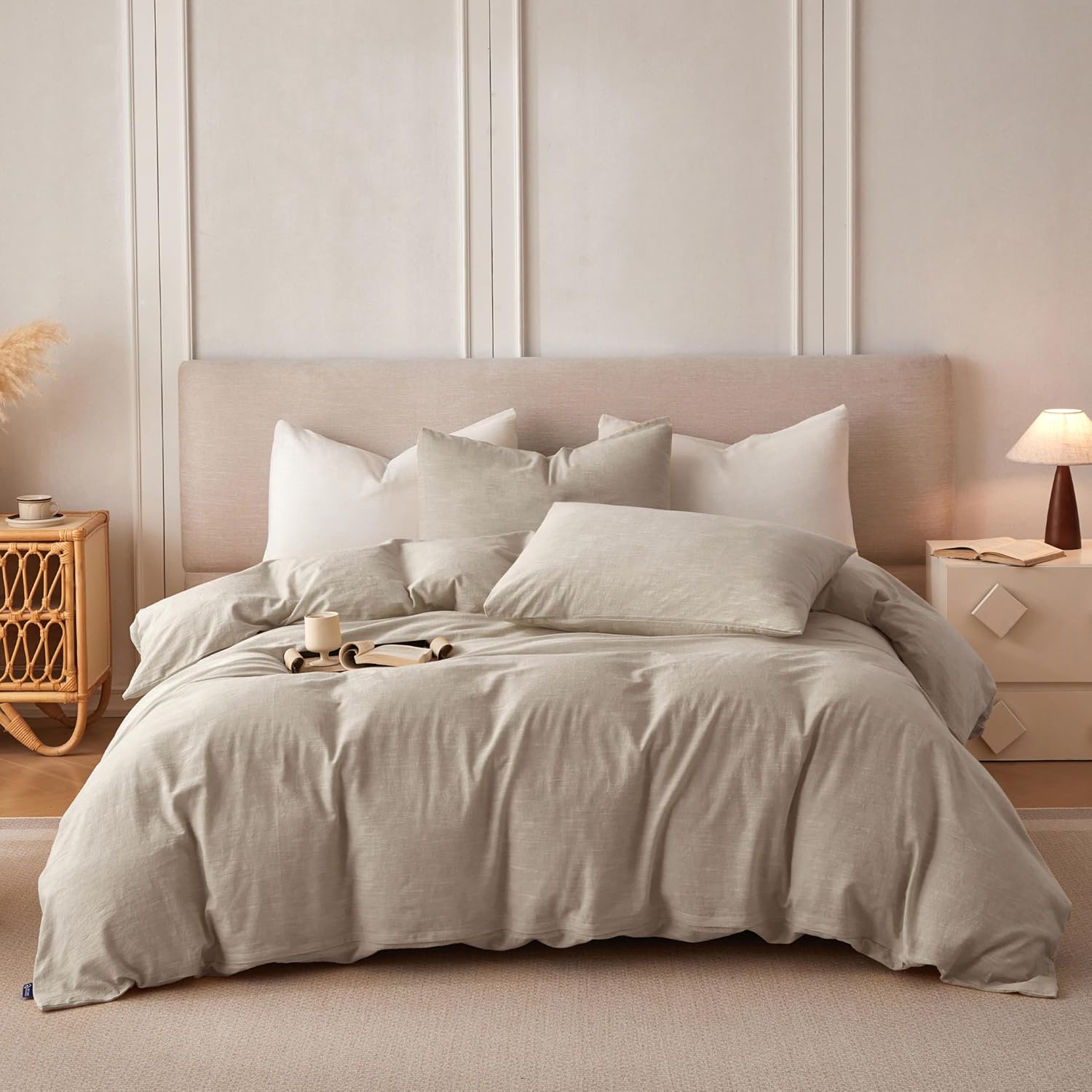 BFS HOME Linen Duvet Cover King Size - Soft Breathable Cotton Linen Blend, 3-Pieces Bedding Set with 2 Pillowcases, Stonewashed Texture, Khaki, All-Season Comfort