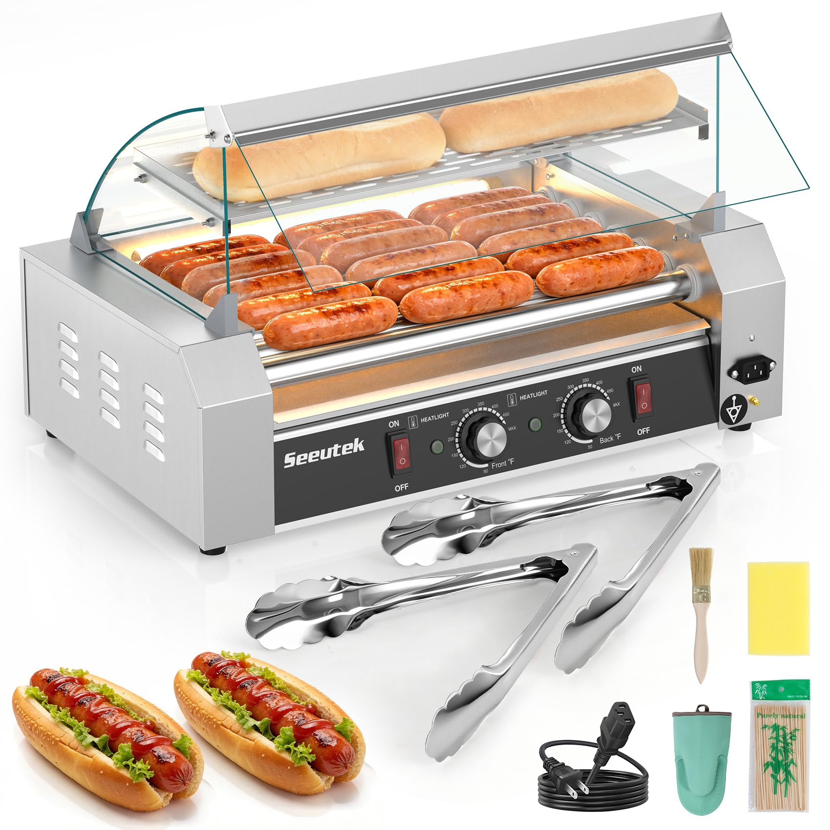 Seeutek Hot Dog Roller 7 Rollers 24 Hot Dogs Capacity 1100W Stainless Hot Dog Toaster With LED Light, Hot Dog Machine W/Dual Temp Control Glass Hood Acrylic Cover Warmer Shelf Removable Oil Drip Tray
