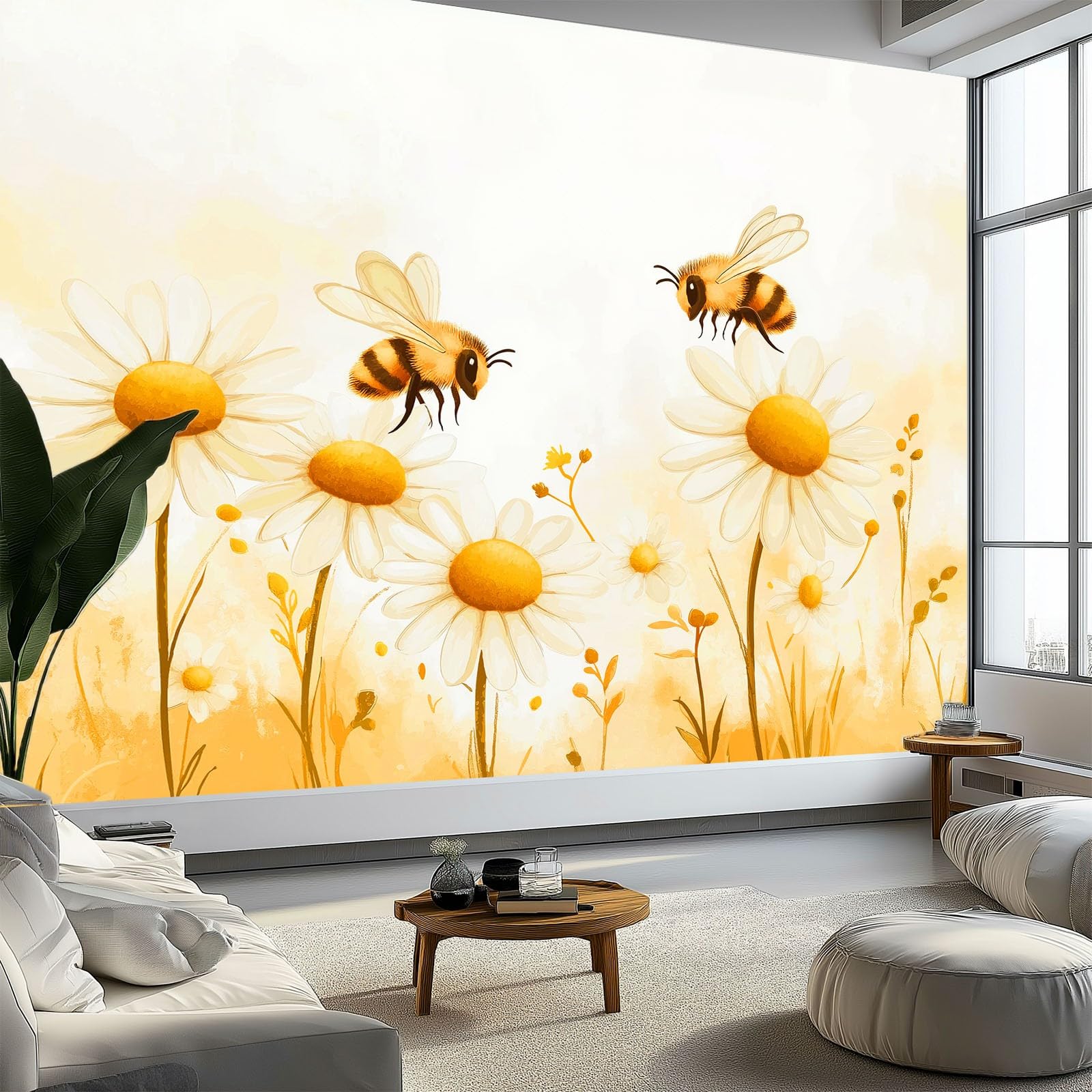 Jasnożółta tapeta ścienna mural owad kreskówka pszczoła stokrotki, wysokiej jakości tapeta z włókniny mural do sypialni, salonu, dekoracja ścienna, 300 x 210 cm, druk artystyczny, papier fotograficzny