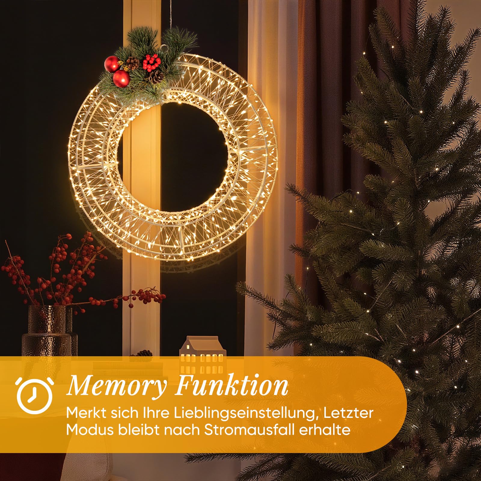 SALCAR Ø45cm LED Lichtkranz, Weihnachtsdeko Fenster Lichterkranz mit Stecker, 8 Modi, Timer und Memory, Hängekranz Drahtkranz Wandkranz Lichterkreis für Innen und Außen, Warmweiß