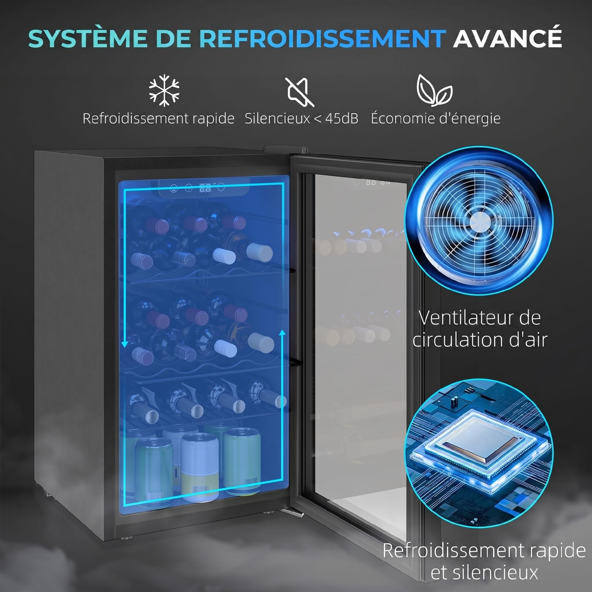 HOMCOM Cave à vin 24 bouteilles 68L, réfrigérateur à vin et boissons, température réglable 4-16°C, porte réversible verre trempé double, éclairage LED, écran tactile, noir