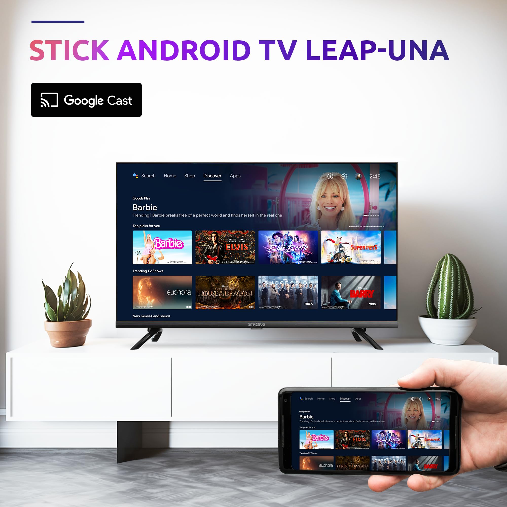 STRONG - 2K Android TV Streaming Stick - Leap-UNA - Wi-Fi 5 - Chromecast Built-in - Kompatybilny z Google Assistant - Bluetooth - Łatwa instalacja - czarny