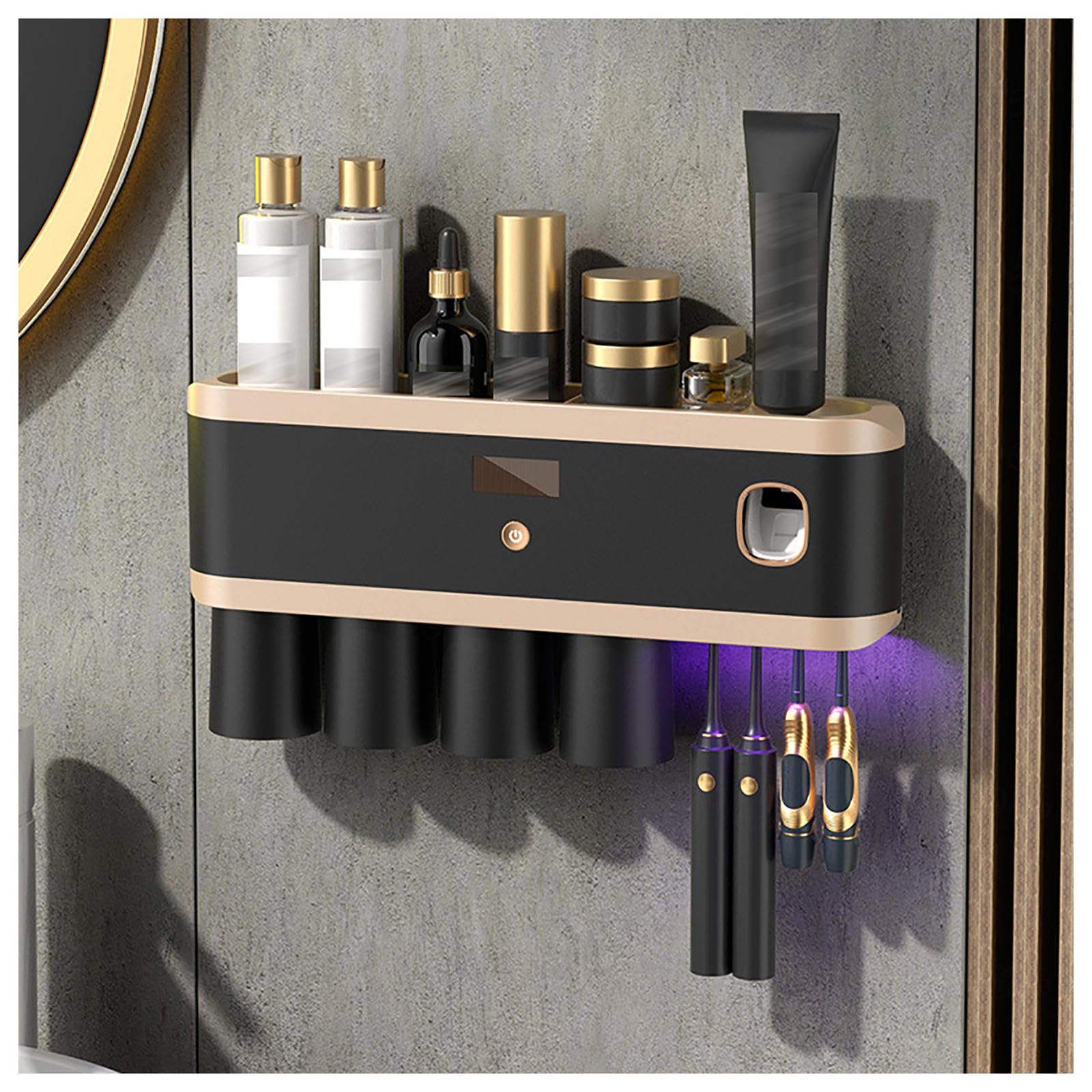 Soporte Cepillo De Dientes Inteligente Limpieza Profunda con UV, Organizador Cepillos De Dientes Montado En La Pared con Múltiples Ranuras De Carga Solar USB, Soporte Cepillo De Dientes,4-Cups