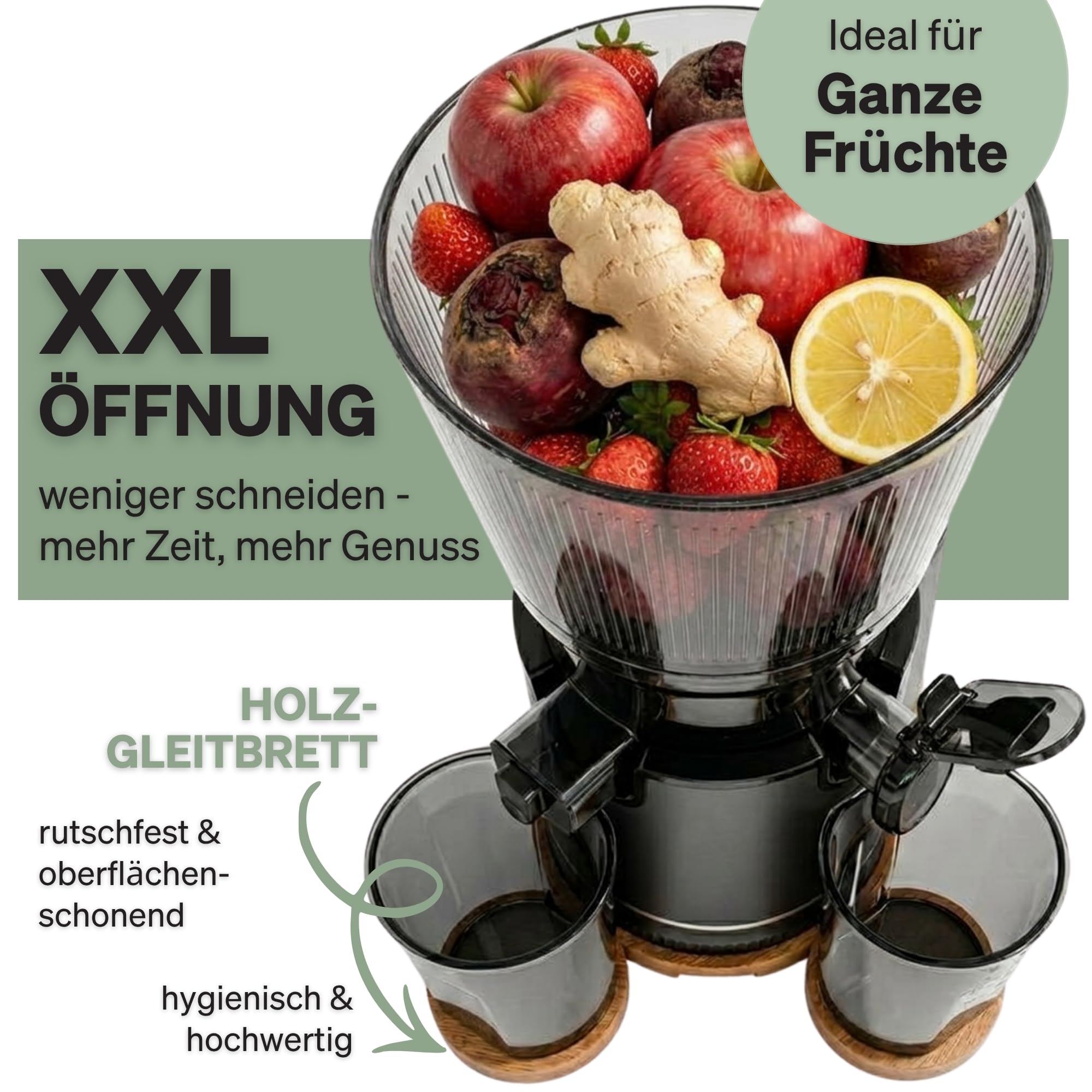 Entsafter, 250W Slow Juicer Kaltentsafter mit Holz-Untersetzern & 130 mm XXL Einfüllschacht für ganze Früchte & Gemüse | BPA-frei | Rücklauffunktion | Inkl. 2 Gläsern & Saftrezepte