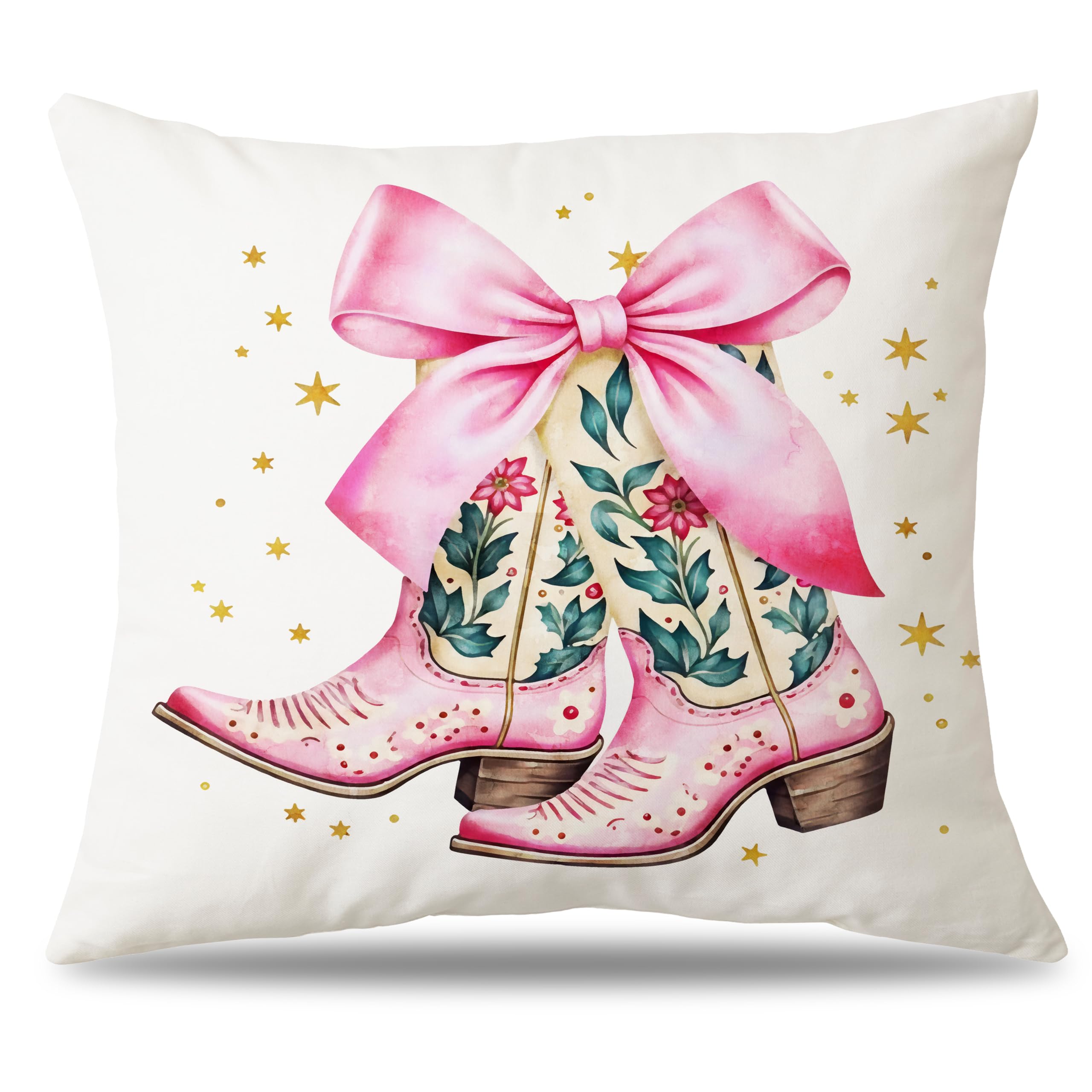 AgriFusion Tech Pink Cowgirl Boots Christmas Pillow Covers 18x18 Cowgirl Christmas Decorations Pink Gold Festive Pillowcases Western Home