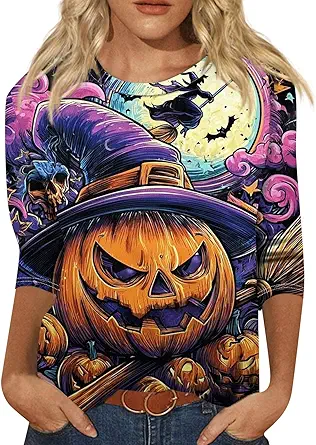Cute Funny Halloween Shirts for Women Plus Size 3/4 Length Long Sleeve Womens Tops Witch Gothic Renaissance Shirt
